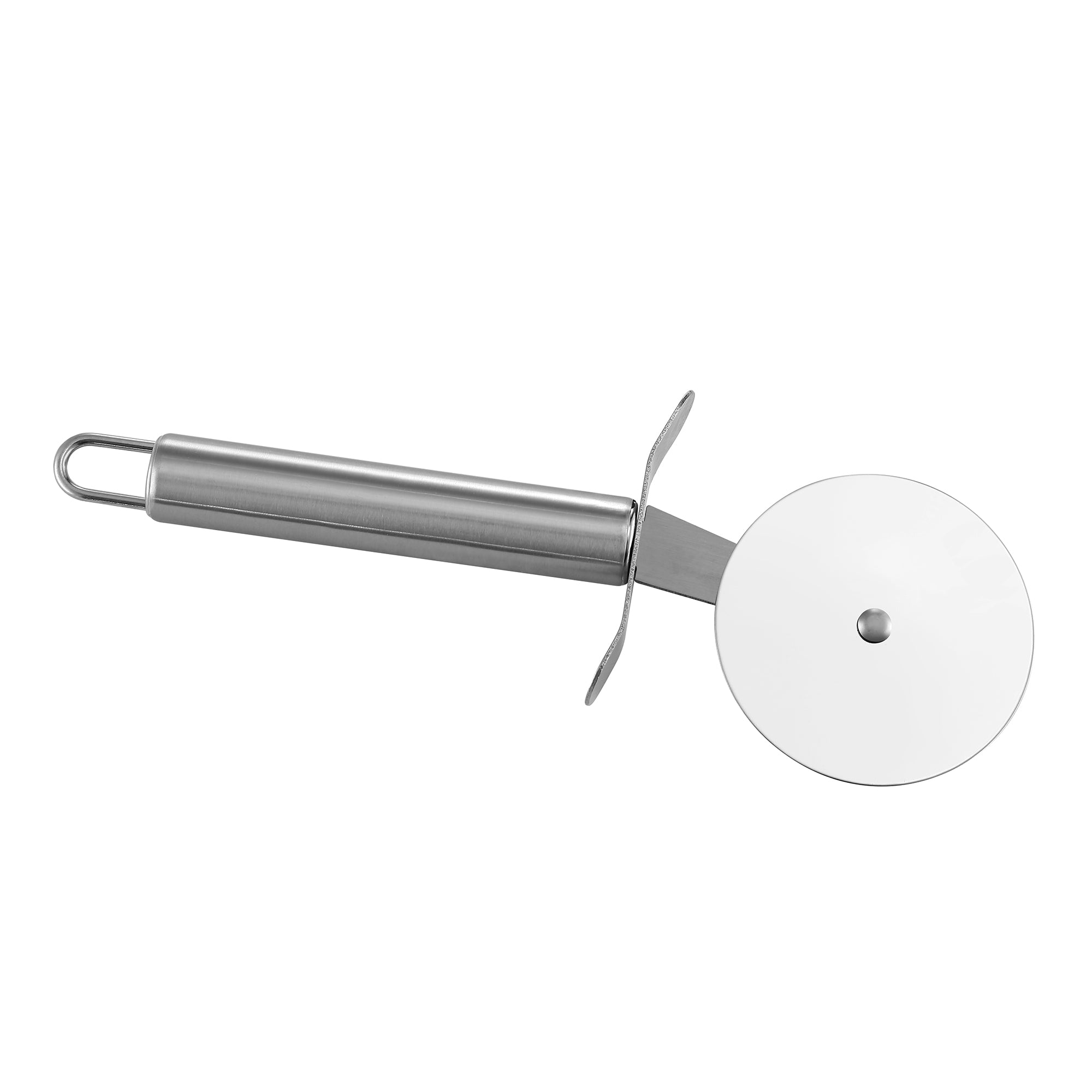 A stainless steel pizza cutter featuring a cylindrical handle with a hanging loop at the end, a rotating circular blade, and a finger guard between the blade and the handle. Perfect for serving pizzas from your Empava Outdoor Wood Fired Pizza Oven, this cutter is positioned horizontally on a white background.