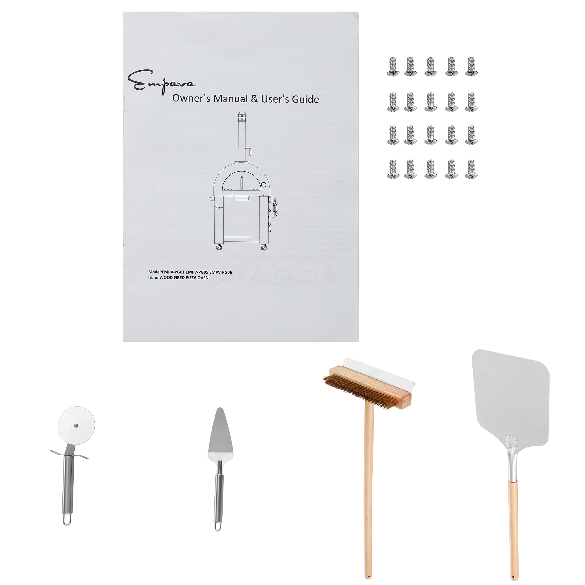 Empava Outdoor Wood Fired Pizza Oven Owner's Manual and User's Guide with the All-in-One Oven Kit: a pizza cutter, a pizza server, a brush with a wooden handle, a metal pizza peel, and two sets of screws. The photo is arranged against a white background.