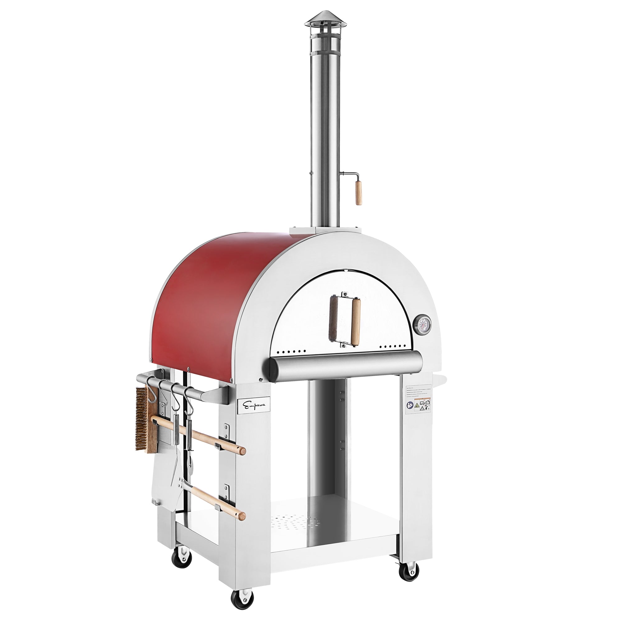 The Empava Outdoor Wood Fired Pizza Oven, featuring a stainless steel construction with a red dome-shaped roof and a tall chimney, delivers an irresistible wood-smoked flavor. The All-in-One Oven Kit includes essential tools such as a brush and pizza peel that are conveniently attached to the sides. For added convenience, it is mounted on wheels for easy portability and offers storage space underneath.