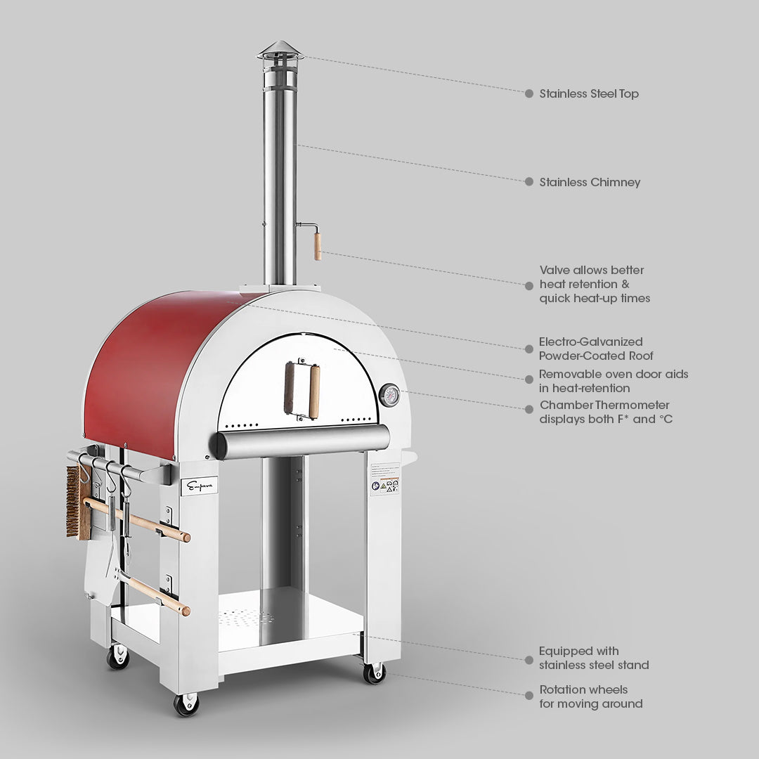 Image of an Empava Outdoor Wood Fired Pizza Oven with labeled features, including a stainless steel top, stainless chimney, valve for heat retention, electro-galvanized powder-coated roof, removable oven door, chamber thermometer displaying Fahrenheit and Celsius, and a stainless steel stand with rolling wheels—all-in-one kit for that perfect wood-smoked flavor.