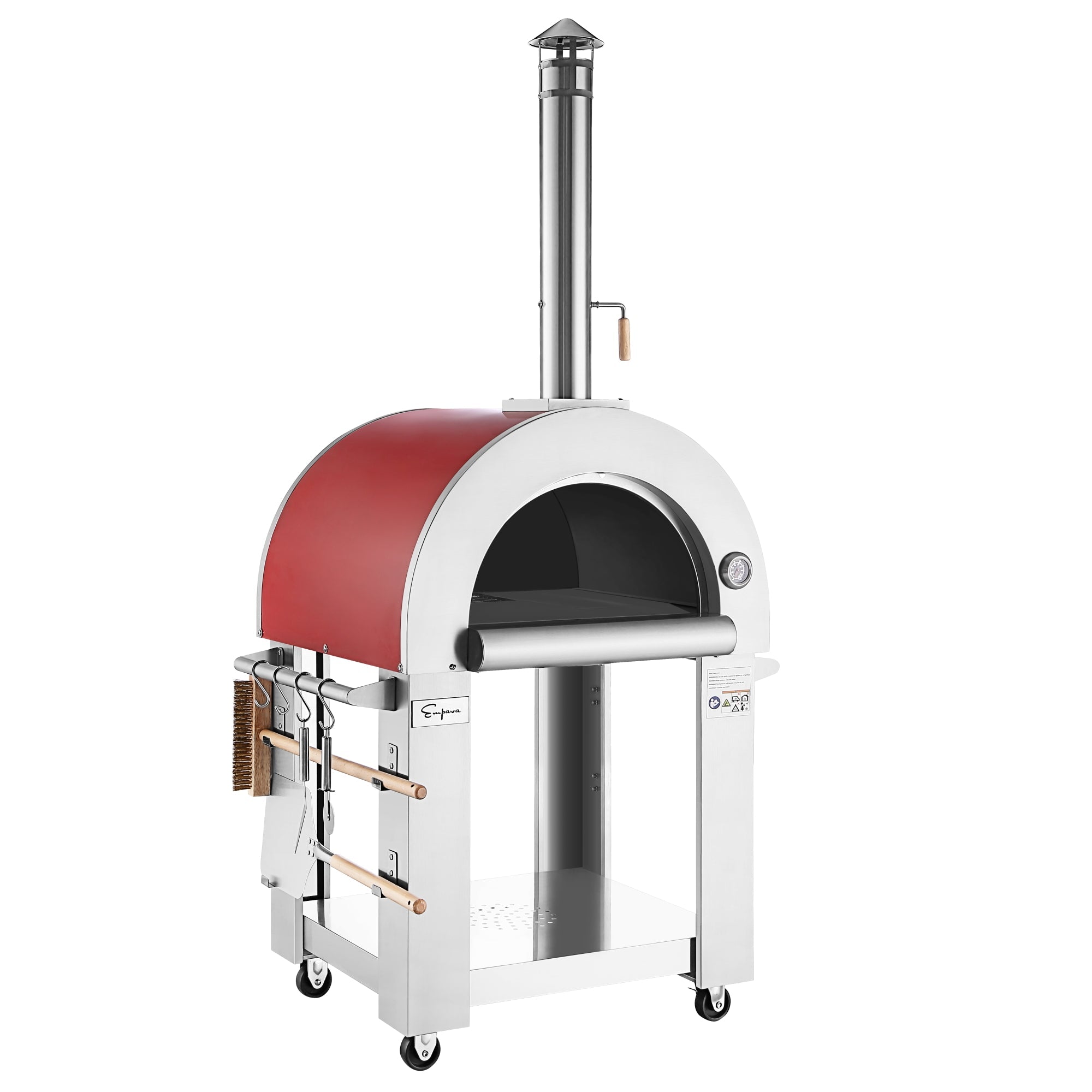 The Empava Outdoor Wood Fired Pizza Oven boasts a stainless steel construction with a distinctive red dome-shaped top. It features a tall chimney and a sturdy metal door, all mounted on a wheeled cart for easy mobility. This oven also includes a built-in thermometer, storage shelf, and convenient tool hooks on the side—perfect for enjoying authentic wood-smoked flavor every time you cook.