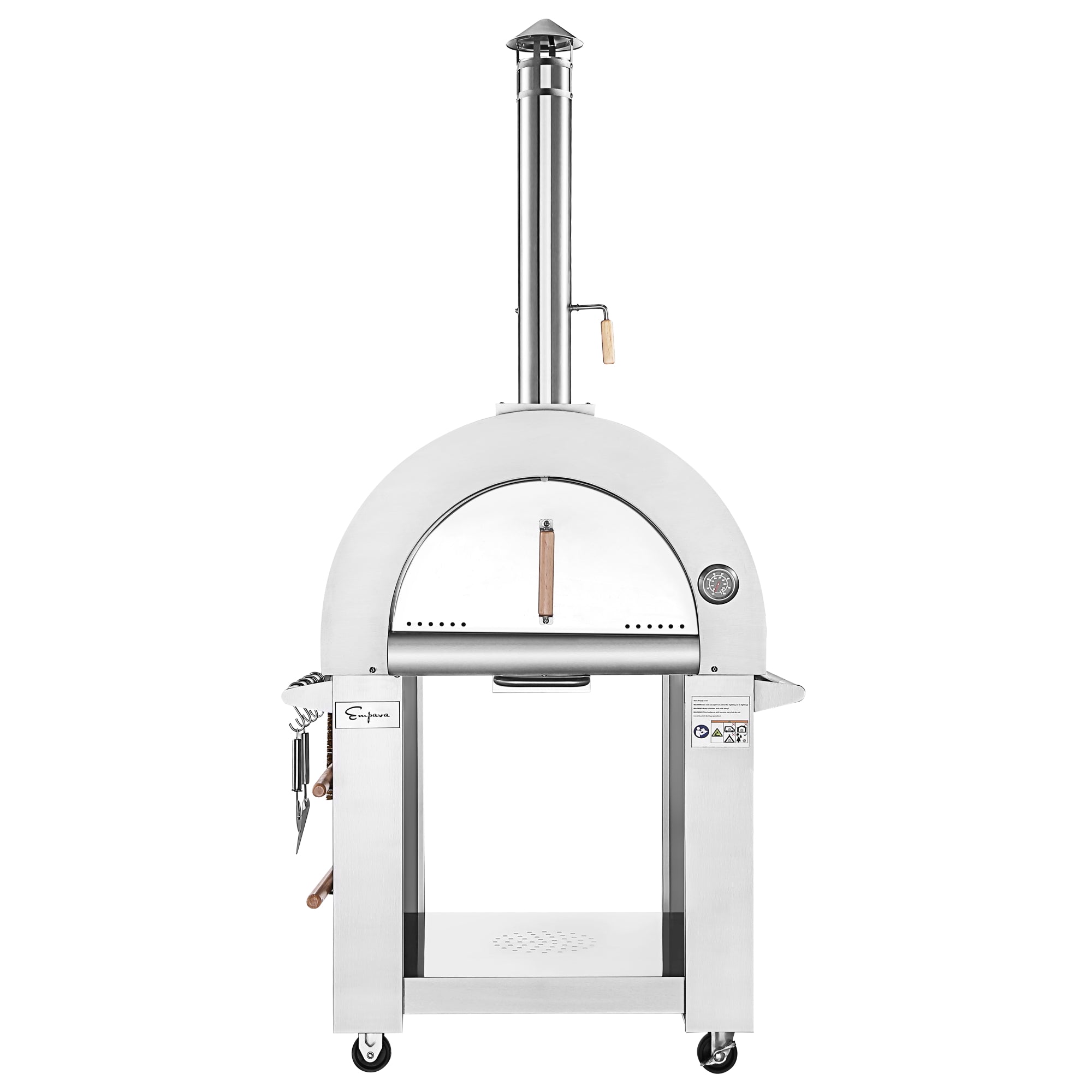 The Empava Outdoor Wood Fired Pizza Oven is a stainless steel outdoor pizza oven on wheels with a domed top and a tall chimney. It features a handle for the oven door, a temperature gauge on the side, and hooks for accessories. This all-in-one oven kit delivers wood-smoked flavor and sits on a sturdy base with a shelf underneath.