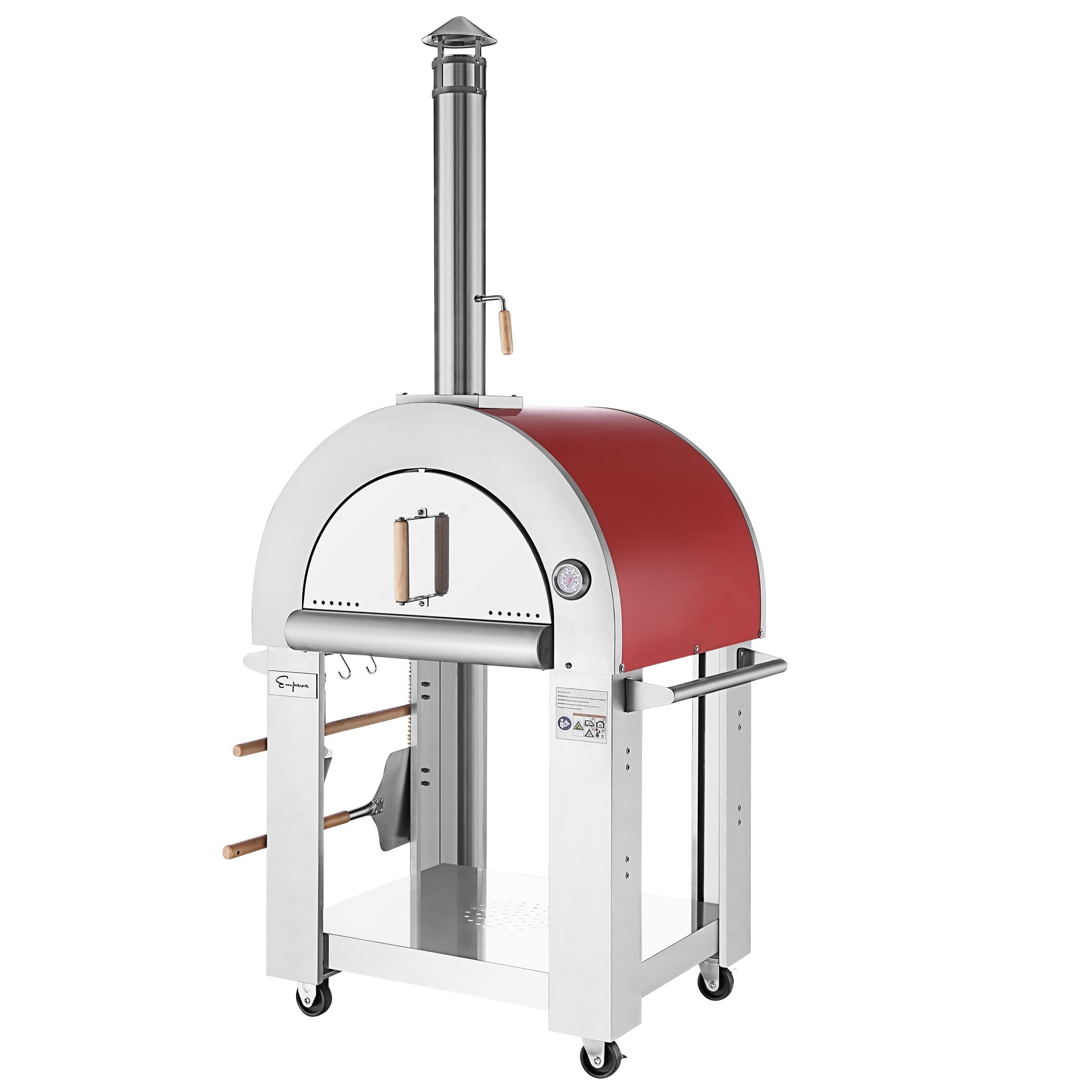 Presenting the Empava Outdoor Wood Fired Pizza Oven: a stainless steel masterpiece featuring a distinct red, dome-shaped top, a tall chimney, and a built-in thermometer. Achieve the perfect wood-smoked flavor with its rectangular opening and wooden handle door. The oven also includes a lower storage shelf, wheels for effortless portability, and versatile cooking tools conveniently hanging on the side.