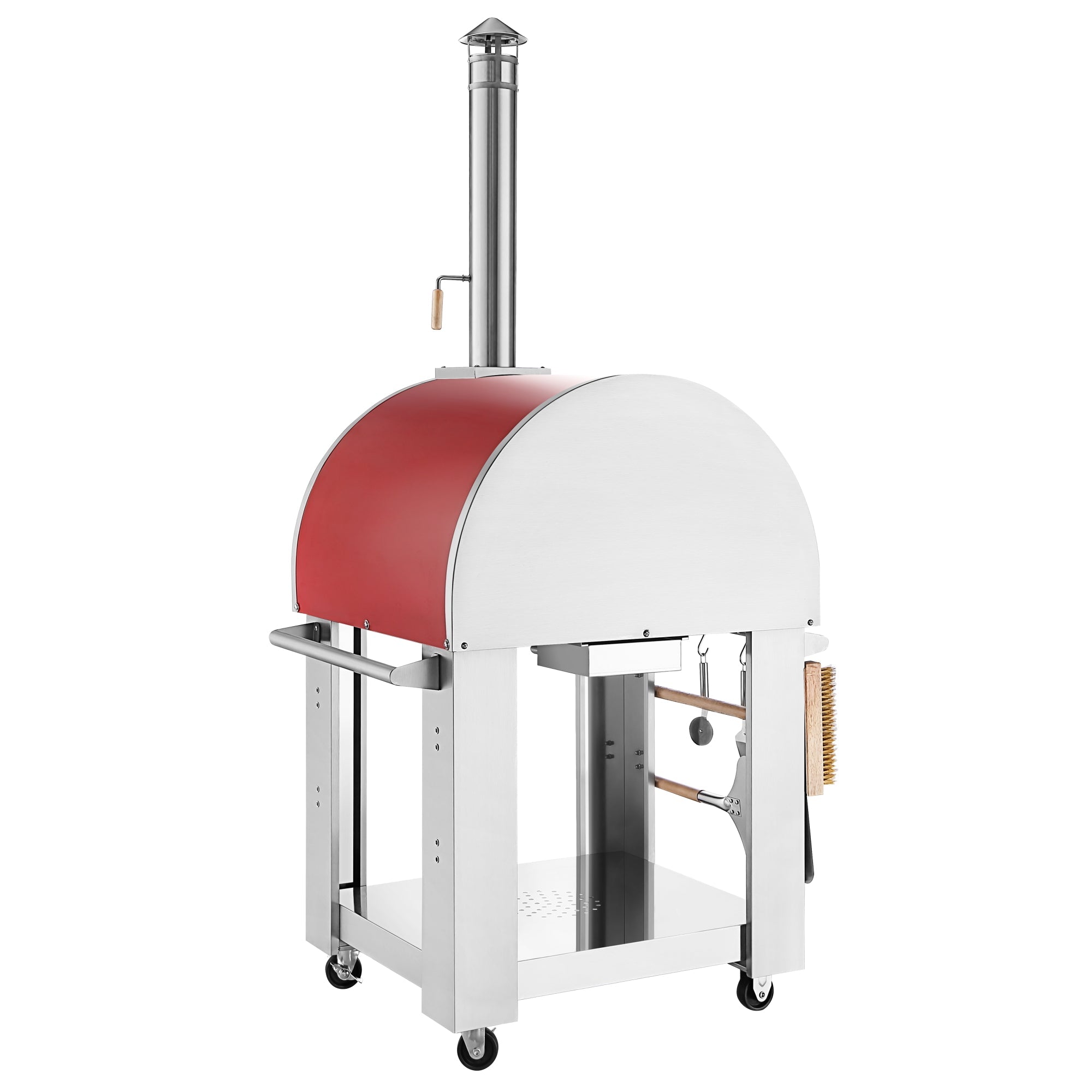 The Empava Outdoor Wood Fired Pizza Oven features a red and grey dome-shaped top and a tall chimney. Mounted on a metal frame with wheels for easy mobility, this all-in-one oven kit includes side handles and provides excellent ventilation for that perfect wood-smoked flavor. A brush hangs from the side for added convenience.