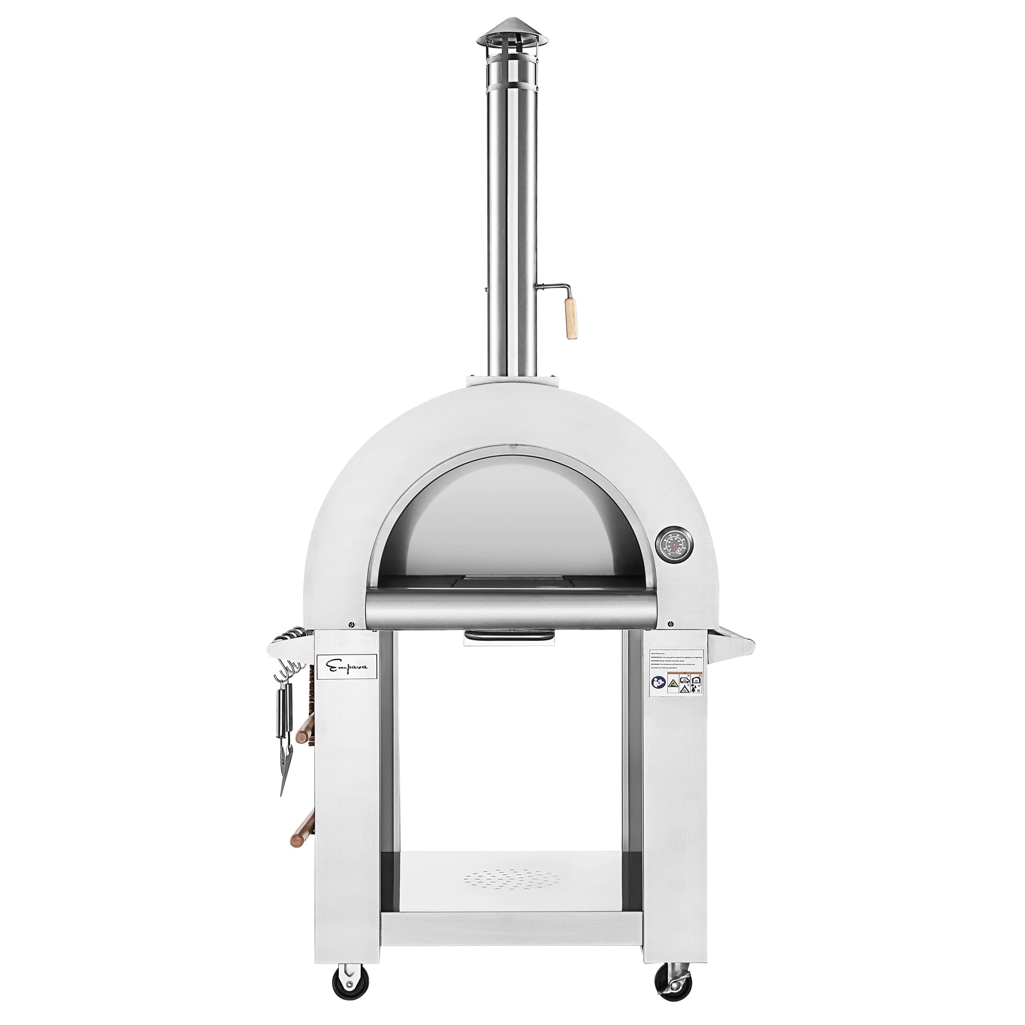 The Empava Outdoor Wood Fired Pizza Oven is a stainless steel unit equipped with a tall chimney, a curved top, and a convenient firewood storage shelf. This all-in-one oven kit perfects that wood-smoked flavor with its built-in thermometer on the right side and tools hanging from hooks on the left. It is mounted on wheels for easy mobility.