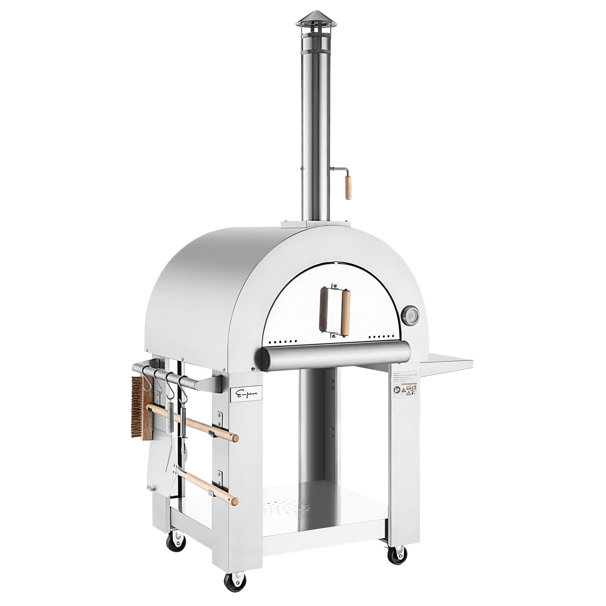 The Empava Outdoor Wood Fired Pizza Oven With Side Table is a modern stainless steel outdoor pizza oven featuring a chimney, an arched cooking chamber, convenient side handles, and wheels for easy mobility. Equipped with shelves and storage hooks for tools like a pizza peel, brush, and spatula, this all-in-one oven kit delivers tantalizing wood-smoked flavor every time.