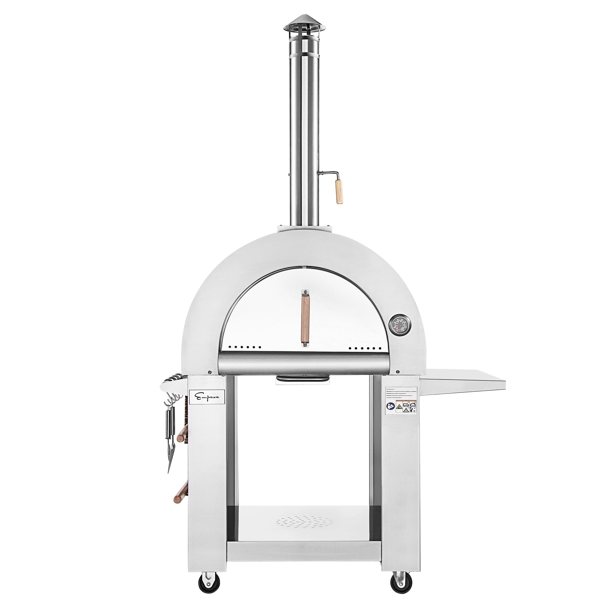 The Empava Outdoor Wood Fired Pizza Oven With Side Table is a stainless steel outdoor pizza oven featuring a tall chimney, front-loading wood fire compartment, temperature gauge, and convenient side shelf. This all-in-one oven kit is mounted on wheels for easy mobility and includes wooden handles on the door and chimney, bringing that authentic wood-smoked flavor to every slice.