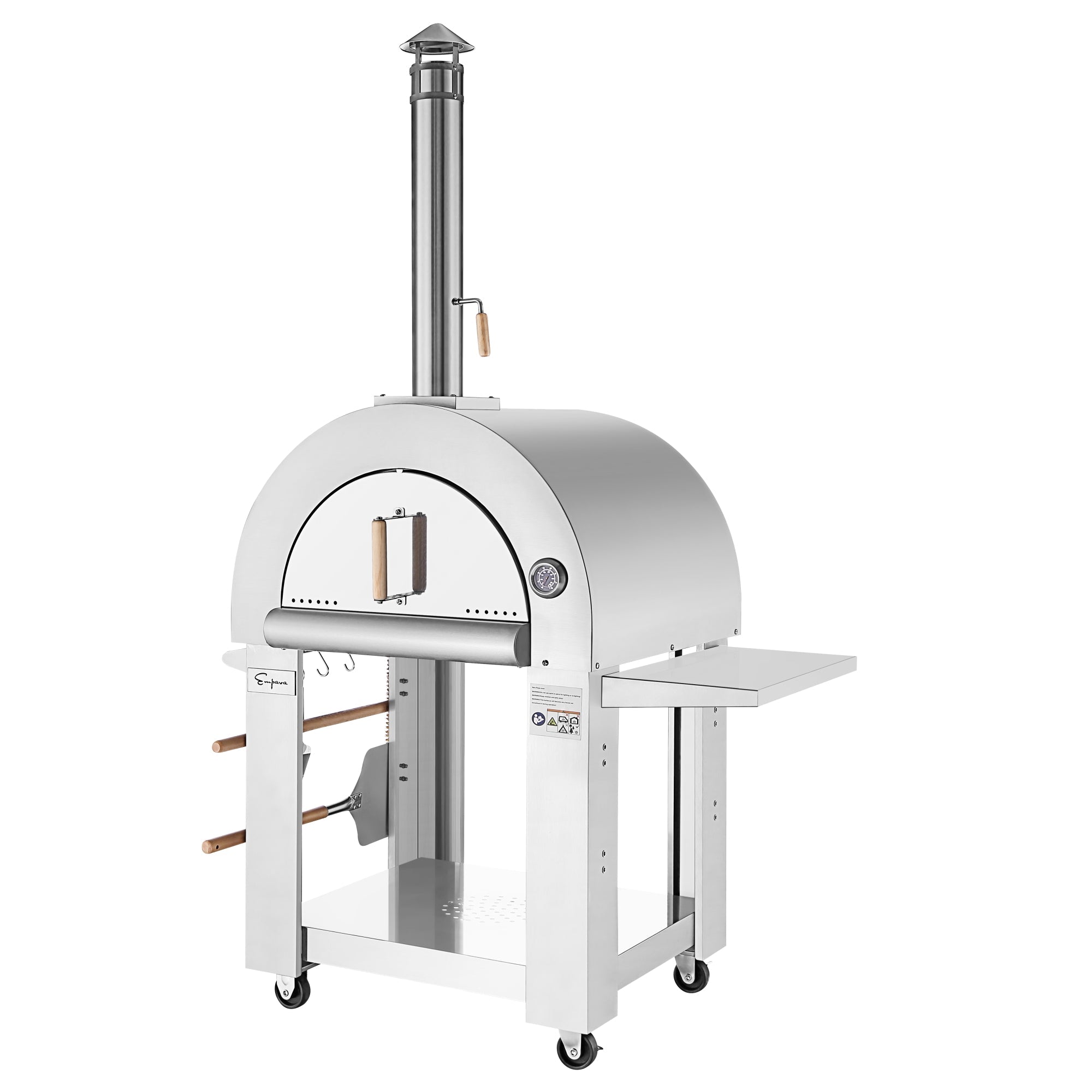 The Empava Outdoor Wood Fired Pizza Oven with Side Table is a silver, compact, and modern outdoor oven featuring a rounded top, chimney on wheels, and sturdy legs. It boasts a door with a wooden handle, an attached side shelf, and comes equipped with various wooden-handled oven tools hanging on the side. This all-in-one oven kit ensures you can enjoy authentic wood-smoked flavors effortlessly.