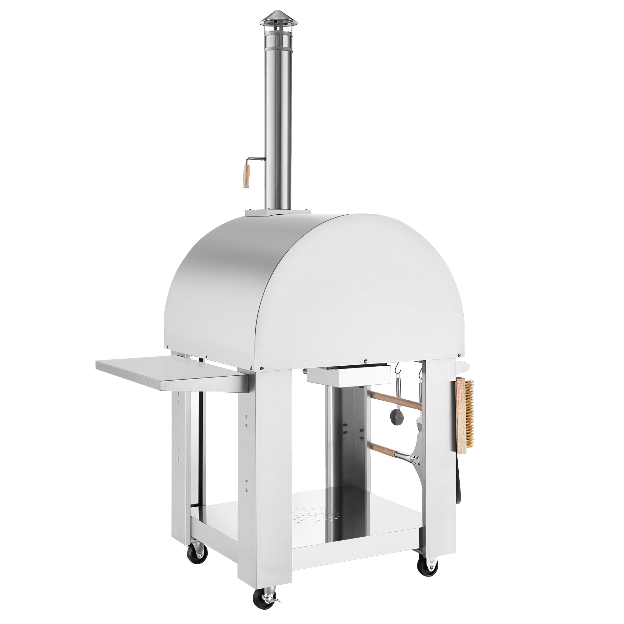 The Empava Outdoor Wood Fired Pizza Oven With Side Table is a modern stainless steel outdoor pizza oven featuring a tall chimney and a curved top. It comes with a side shelf on the left and has a pizza peel and brush hanging on the right. This oven provides an authentic wood-smoked flavor and is mounted on a sturdy base with four wheels for easy mobility.