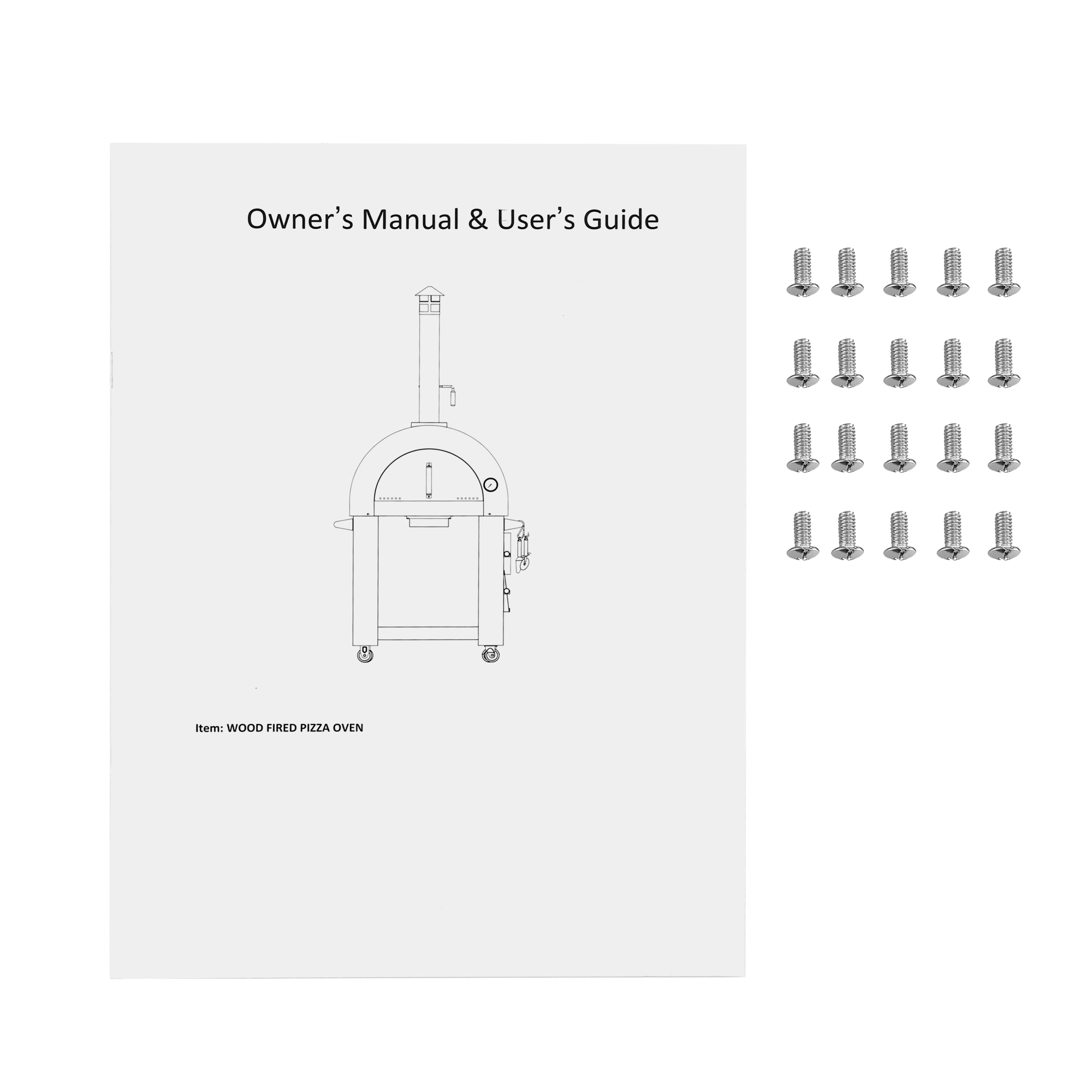 Image of an owner's manual and user's guide for the Empava Outdoor Wood Fired Pizza Oven With Side Table on a white background. The manual features a drawing of the wood-fired pizza oven. Eighteen screws are neatly arranged beside the manual, ready to help you savor that perfect wood-smoked flavor.