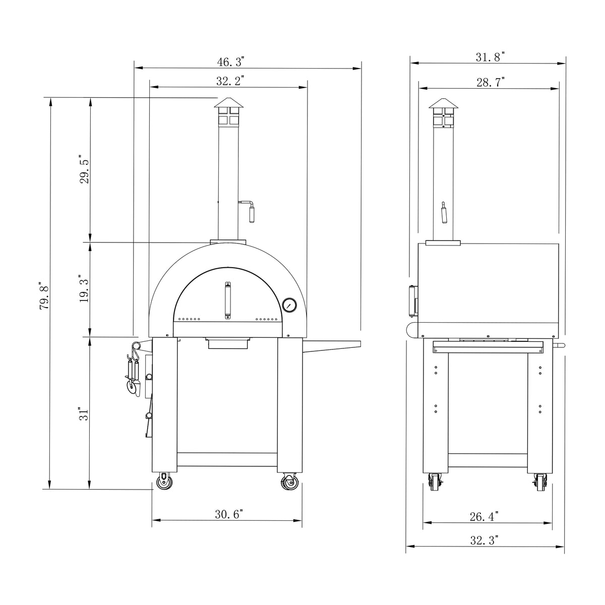 Technical drawing of the Empava Outdoor Wood Fired Pizza Oven with Side Table, with dimensions labeled. The front view shows a rounded top with a chimney and door, ensuring that classic wood-smoked flavor. The side view details the depth and height, with the oven standing on wheels for mobility. Dimensions are roughly 46.3" H x 31.8" W x 30.6" D.