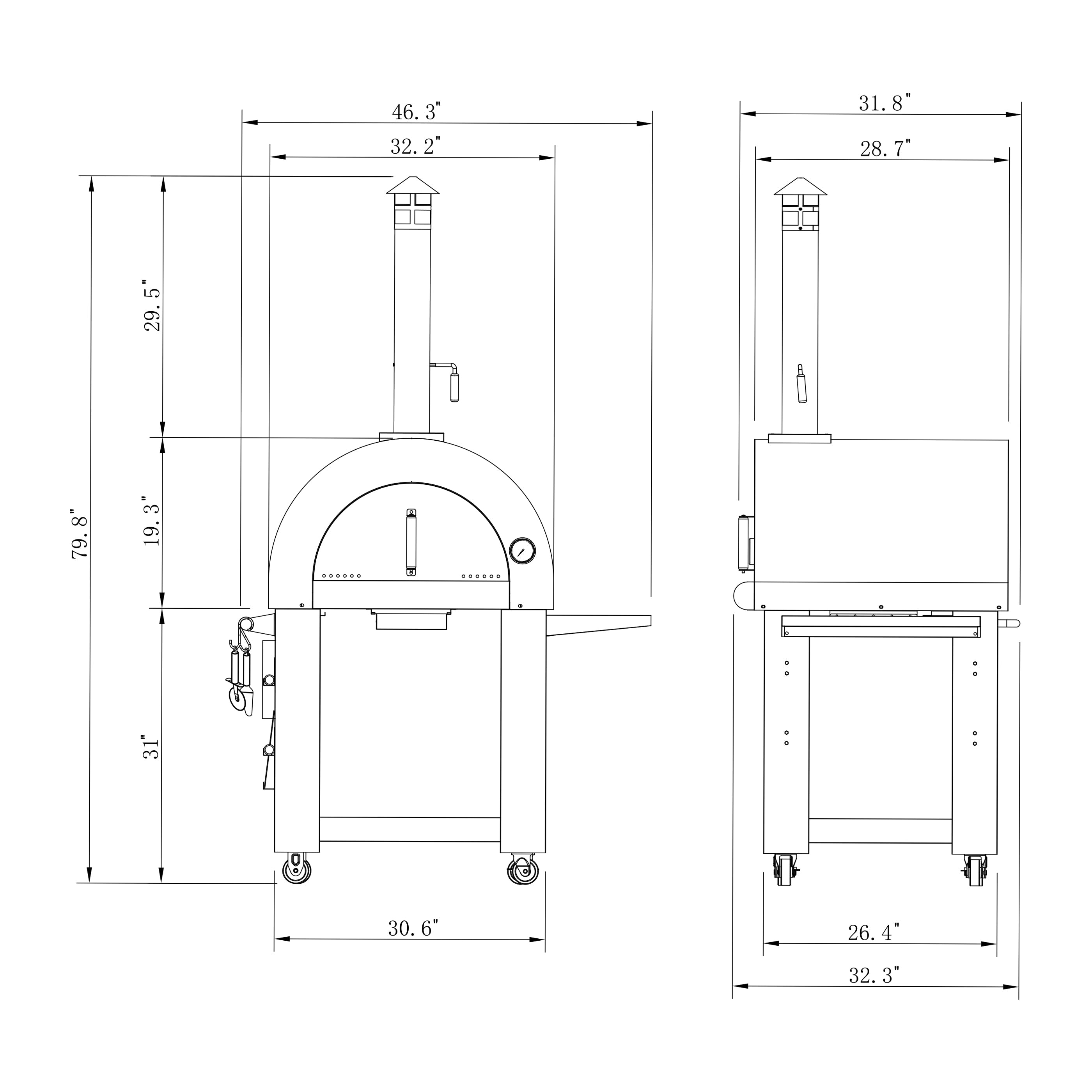 Technical drawing of the Empava Outdoor Wood Fired Pizza Oven with Side Table, with dimensions labeled. The front view shows a rounded top with a chimney and door, ensuring that classic wood-smoked flavor. The side view details the depth and height, with the oven standing on wheels for mobility. Dimensions are roughly 46.3" H x 31.8" W x 30.6" D.