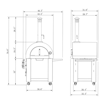 Technical drawing of the Empava Outdoor Wood Fired Pizza Oven with Side Table, with dimensions labeled. The front view shows a rounded top with a chimney and door, ensuring that classic wood-smoked flavor. The side view details the depth and height, with the oven standing on wheels for mobility. Dimensions are roughly 46.3" H x 31.8" W x 30.6" D.