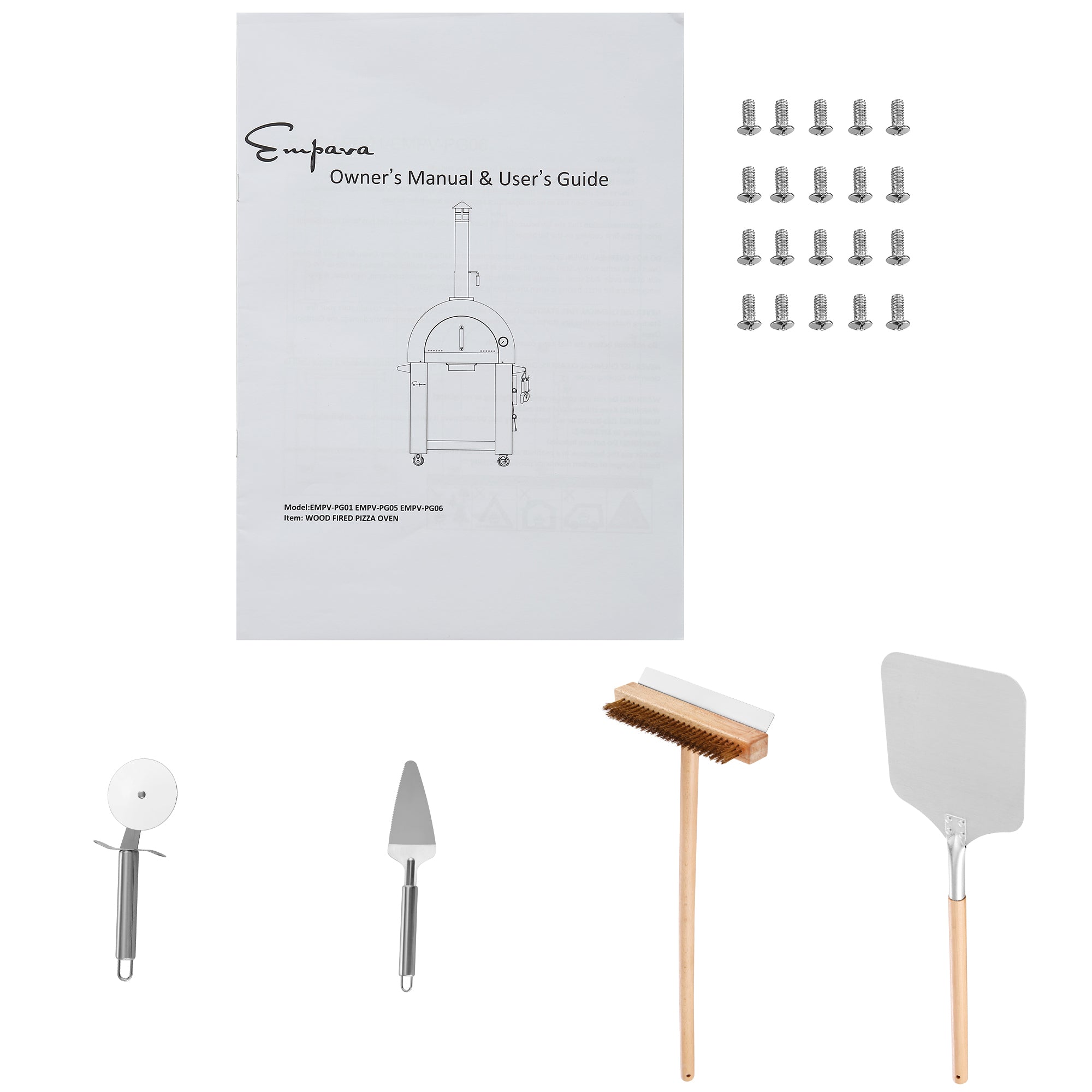 Displayed next to the owner's manual, a collection of accessories for the Empava Outdoor Wood Fired Pizza Oven With Side Table includes a round pizza cutter, a triangular serving spatula, a wire brush on a wooden handle, a metal pizza peel, and multiple screws arranged in rows—everything you need for that perfect wood-smoked flavor.