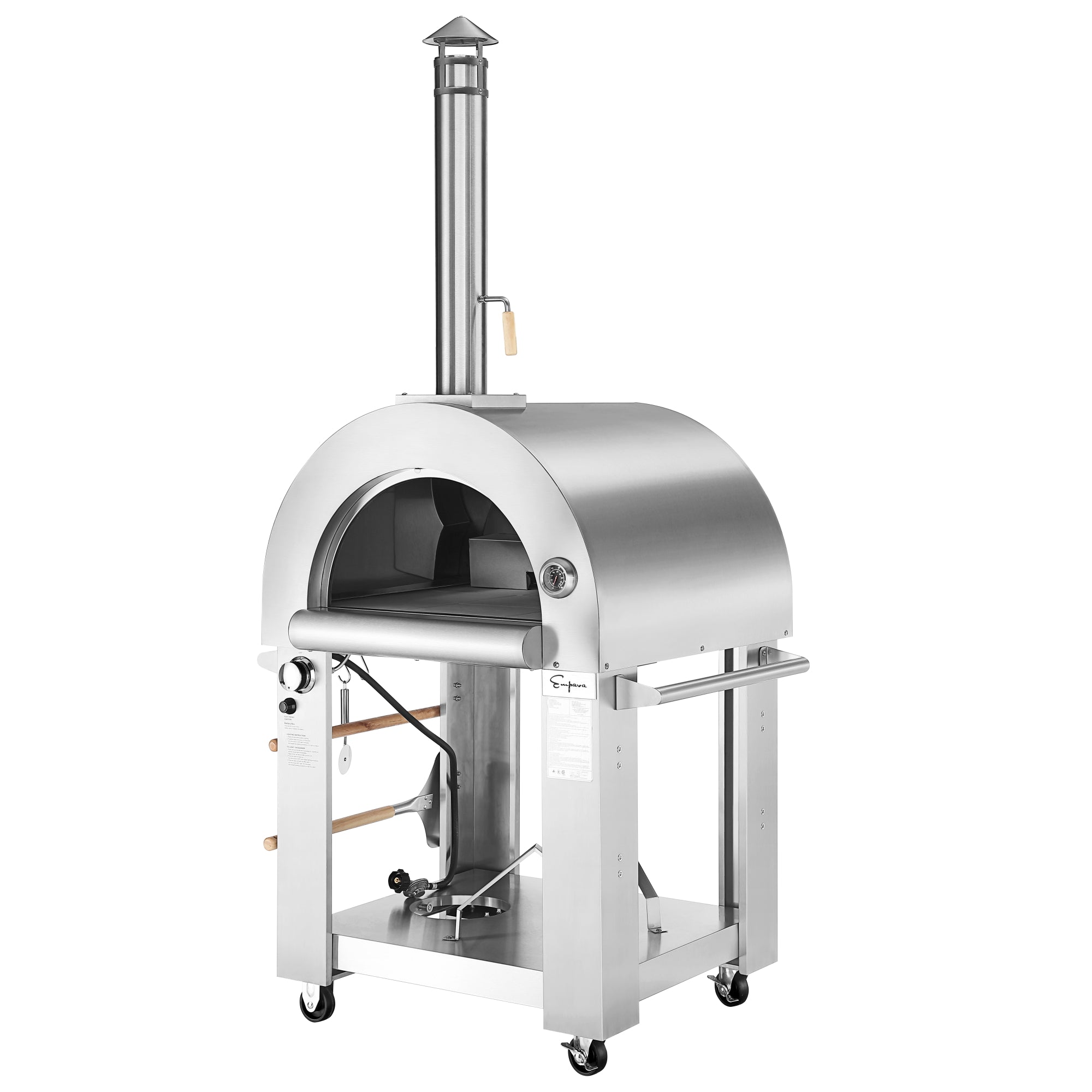 The Empava Outdoor Wood Fired and Gas Pizza Oven is crafted from stainless steel and features thicker insulation, a domed top, chimney, and temperature gauge. It includes a front opening, two side handles for easy handling, and is mounted on a trolley with wheels to ensure mobility. Additionally, this all-in-one oven kit comes with convenient shelves and hooks located below for storing accessories.