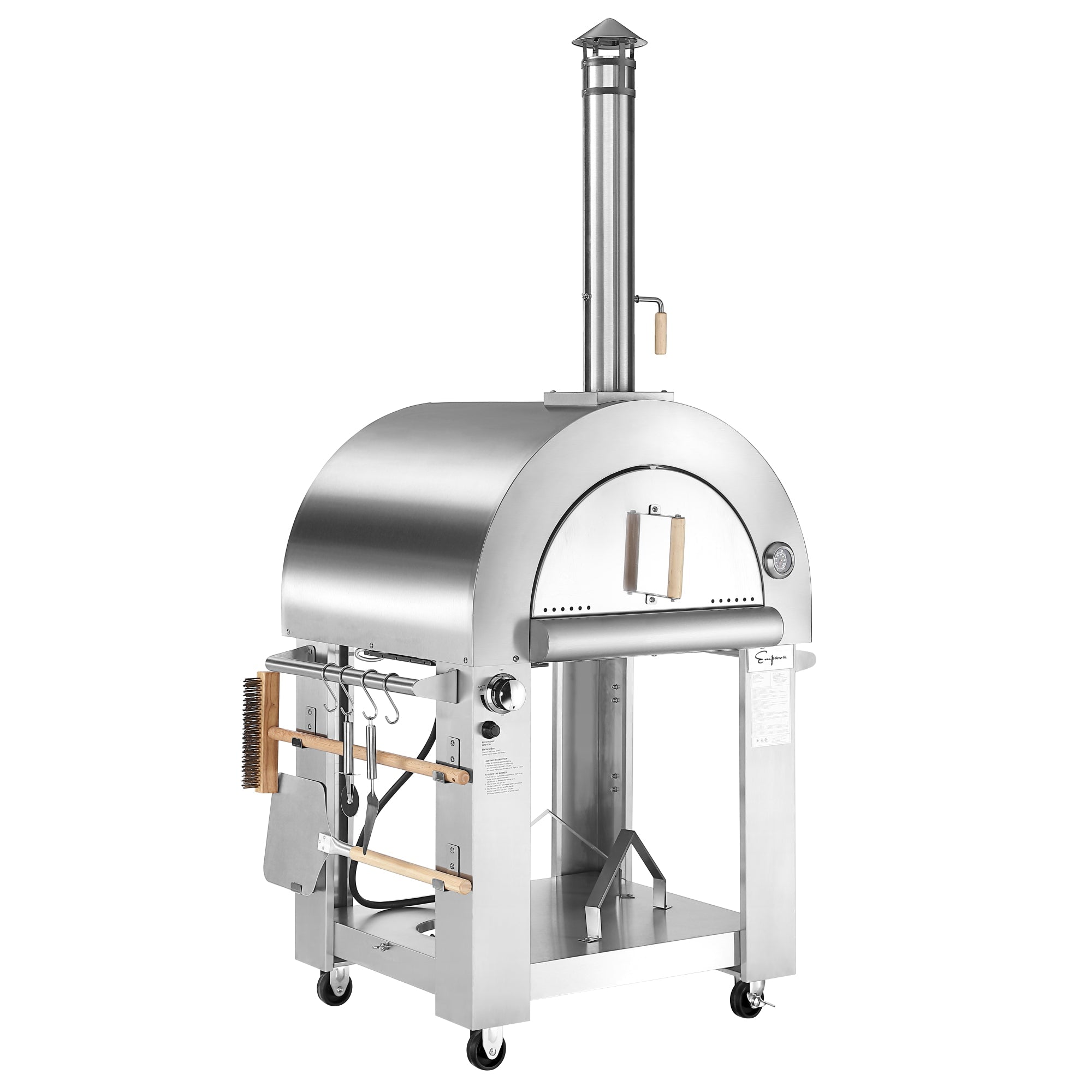 The Empava Outdoor Wood Fired and Gas Pizza Oven on wheels boasts a stainless steel construction with an arched top and chimney. This comprehensive oven kit comes with various tools conveniently hanging on the sides, including a pizza peel, brush, and hook. The door is equipped with a thermometer and wooden handle for effortless monitoring.