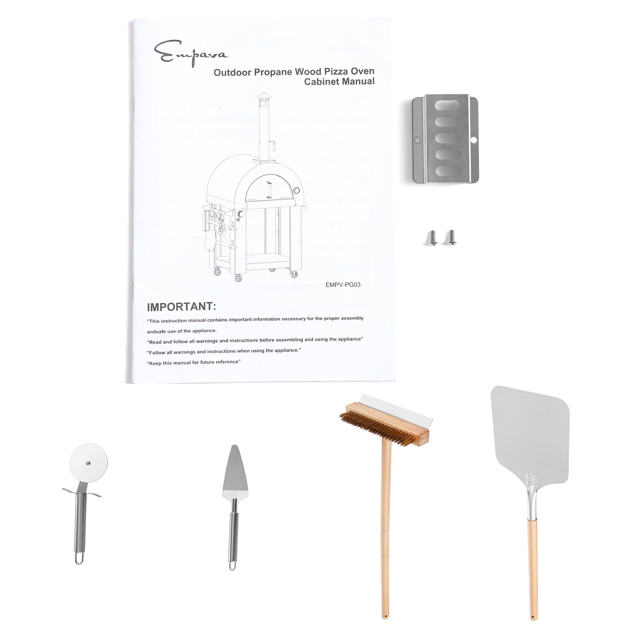 Manual for an Empava Outdoor Wood Fired and Gas Pizza Oven. This all-in-one oven kit includes a pizza slicer, a triangular spatula, a cleaning brush, a flat pizza peel, two screws, and a metal component. The manual cover features an illustration of the pizza oven with its thicker insulation for better heat retention.