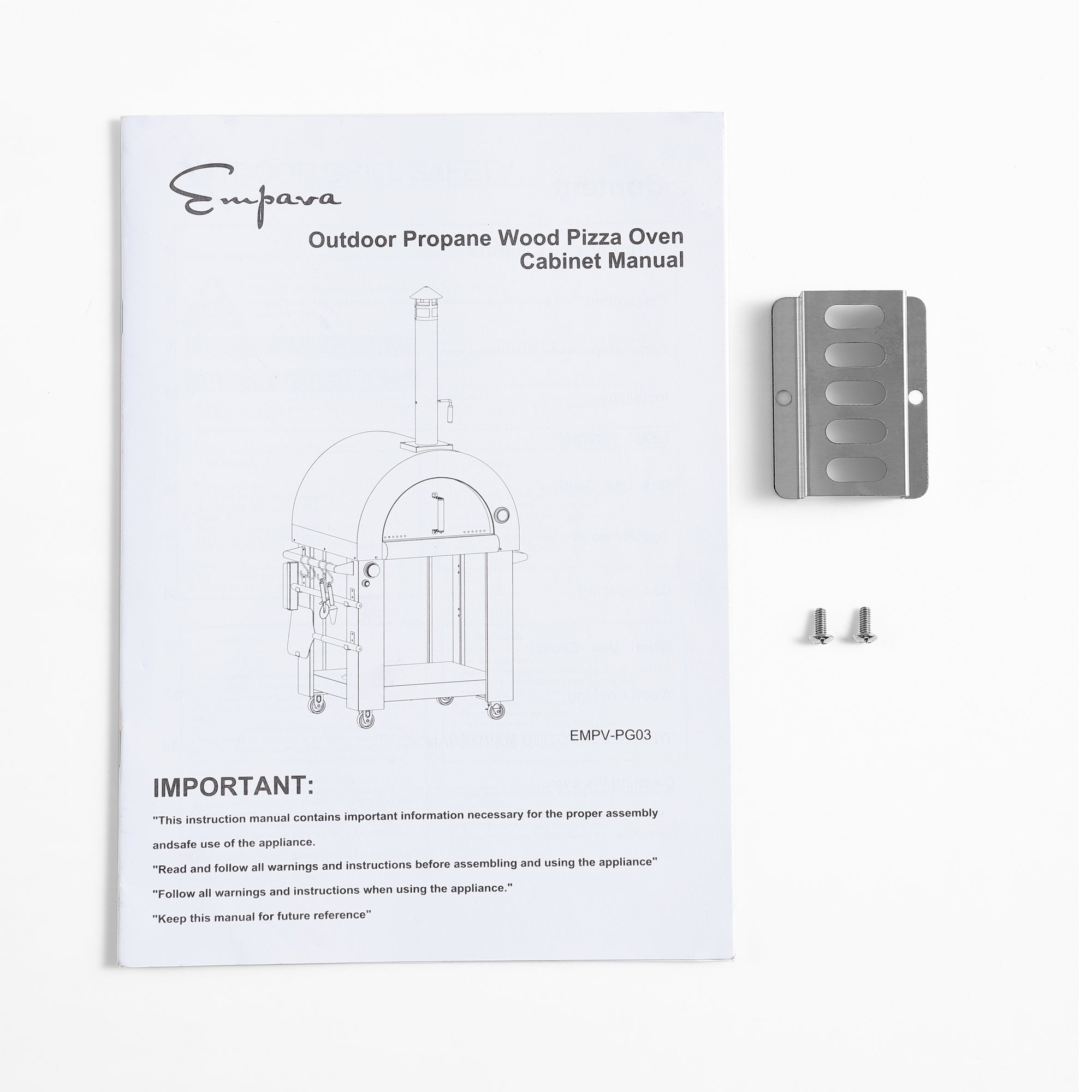 An assembly manual for the Empava Outdoor Wood Fired and Gas Pizza Oven lies on a white surface. The manual cover features a line drawing of the pizza oven. To the right of the manual are two screws and a mounting bracket, part of an all-in-one oven kit that includes thicker insulation for superior heat retention.