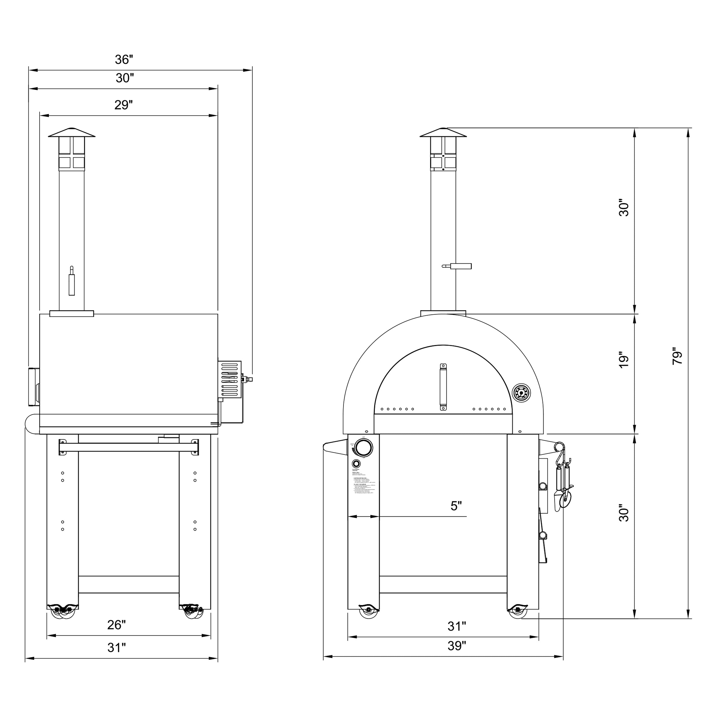 Technical schematic of the Empava Outdoor Wood Fired and Gas Pizza Oven from our all-in-one oven kit. The drawing displays both a side view and a front view, with key dimensions labeled, including the height, width, and depth. The oven features thicker insulation, a chimney, a dome shape, and stands on wheels for mobility.