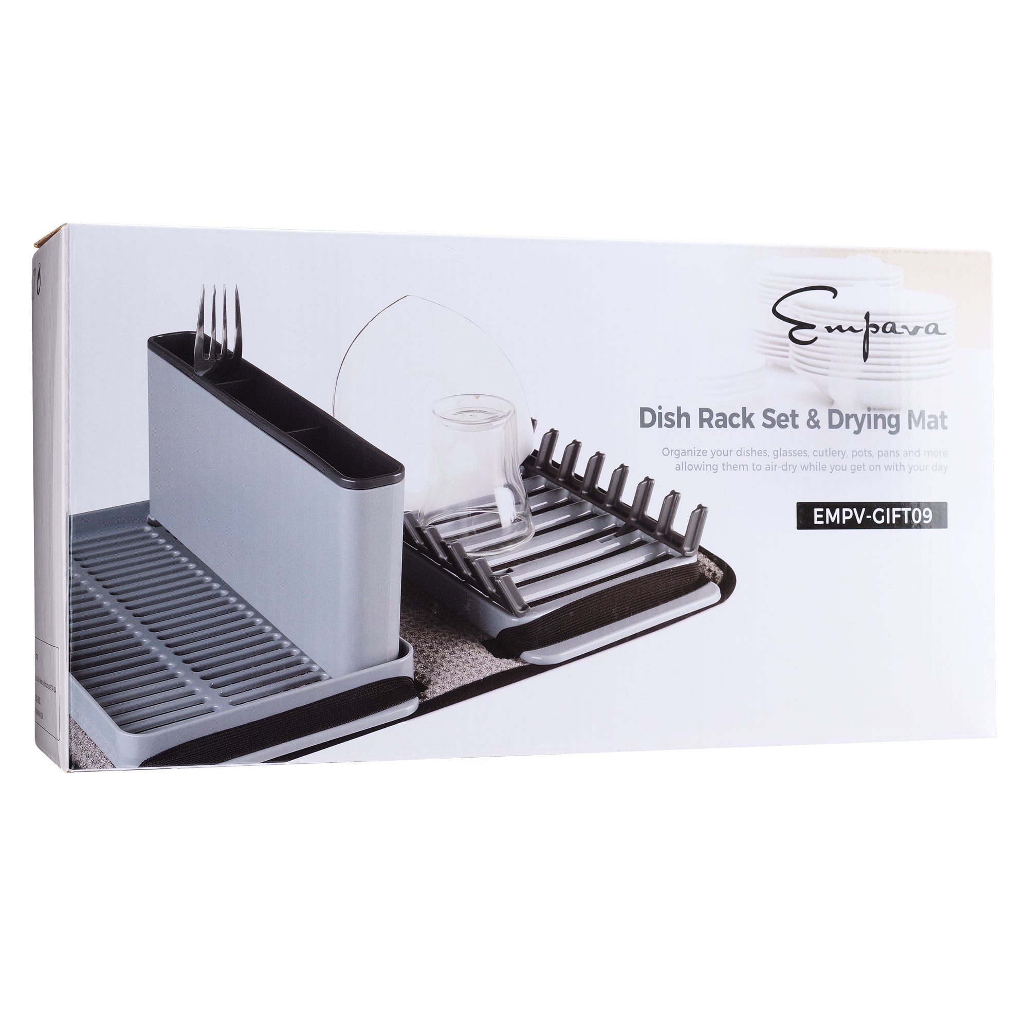 Box containing the Empava PP Drying Drainers Dish Rack EMPV-GIFT09 set and drying mat. The package illustrates the rack holding dishes, cutlery, and glassware, with a drying mat underneath, designed to help organize and dry kitchen items efficiently.