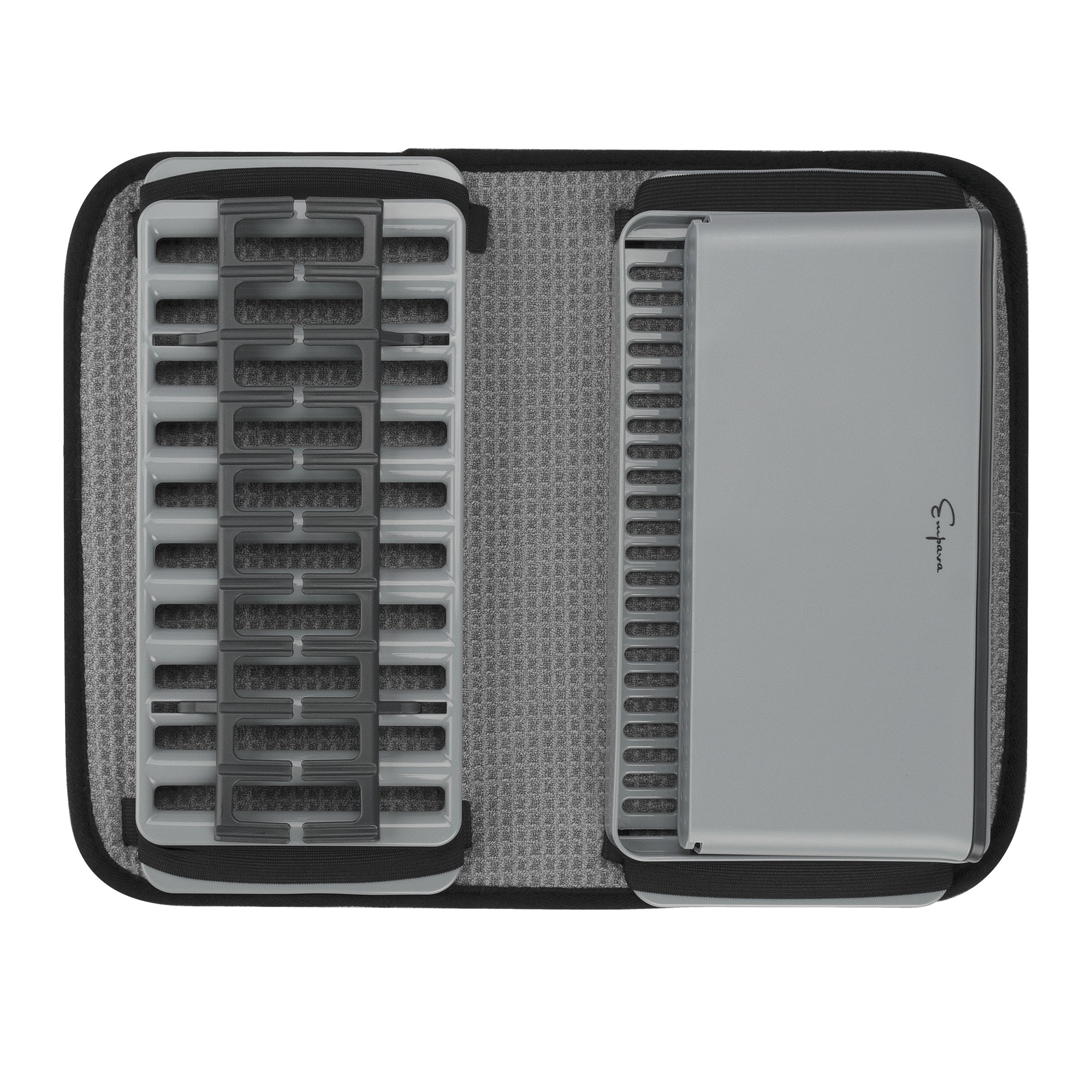 The Empava PP Drying Drainers Dish Rack EMPV-GIFT09 features a stylish gray and black case that houses a sleek silver electronic device and an array of black and gray accessories, all neatly organized inside. The case's textured gray interior suggests a design focused on portable storage and protection.