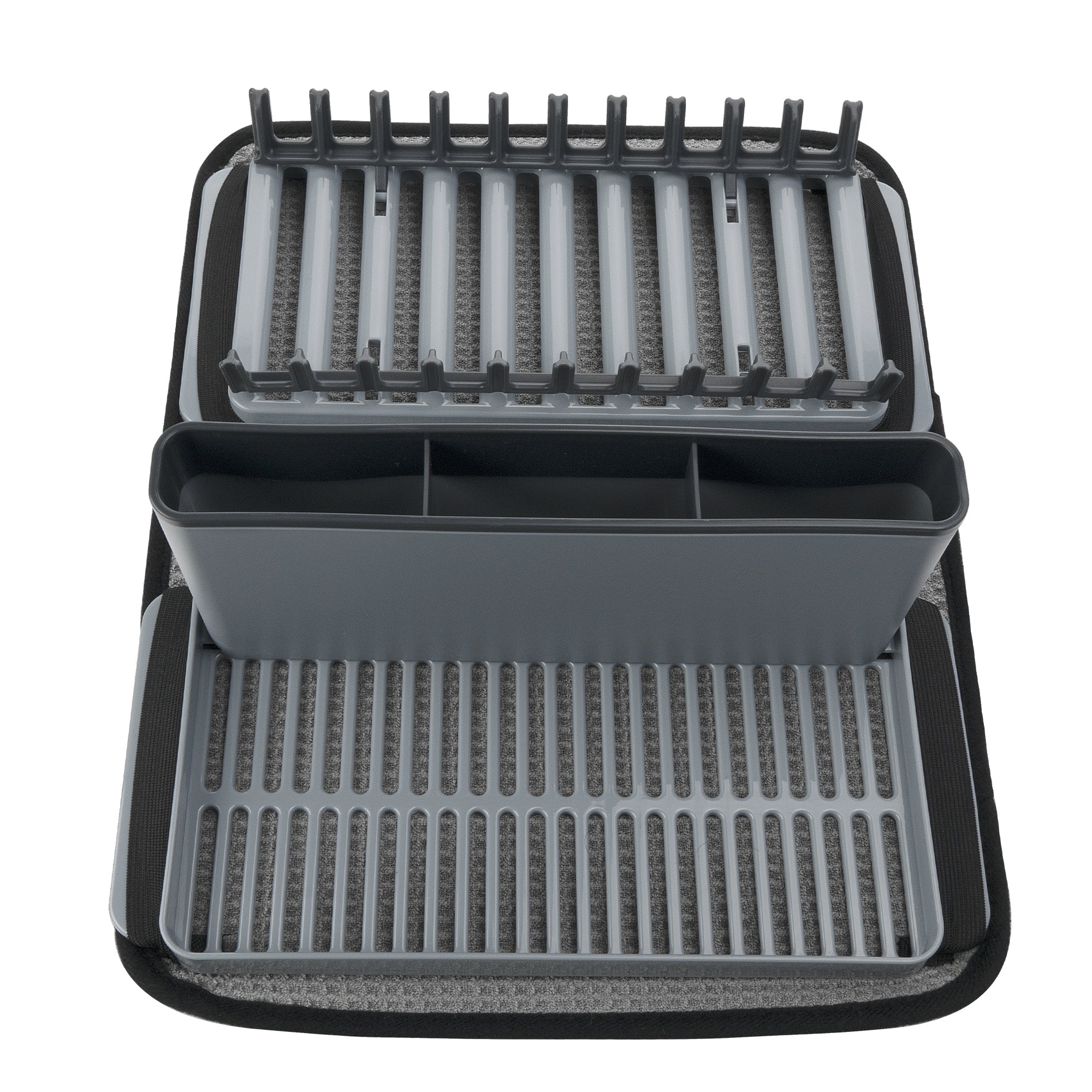 The Empava PP Drying Drainers Dish Rack EMPV-GIFT09 is a gray dish rack with multiple sections designed for drying dishes, cutlery, and utensils. It features a lower tray with slats for drainage, an upper section with prongs to hold plates or lids, and a detachable container for storing utensils.