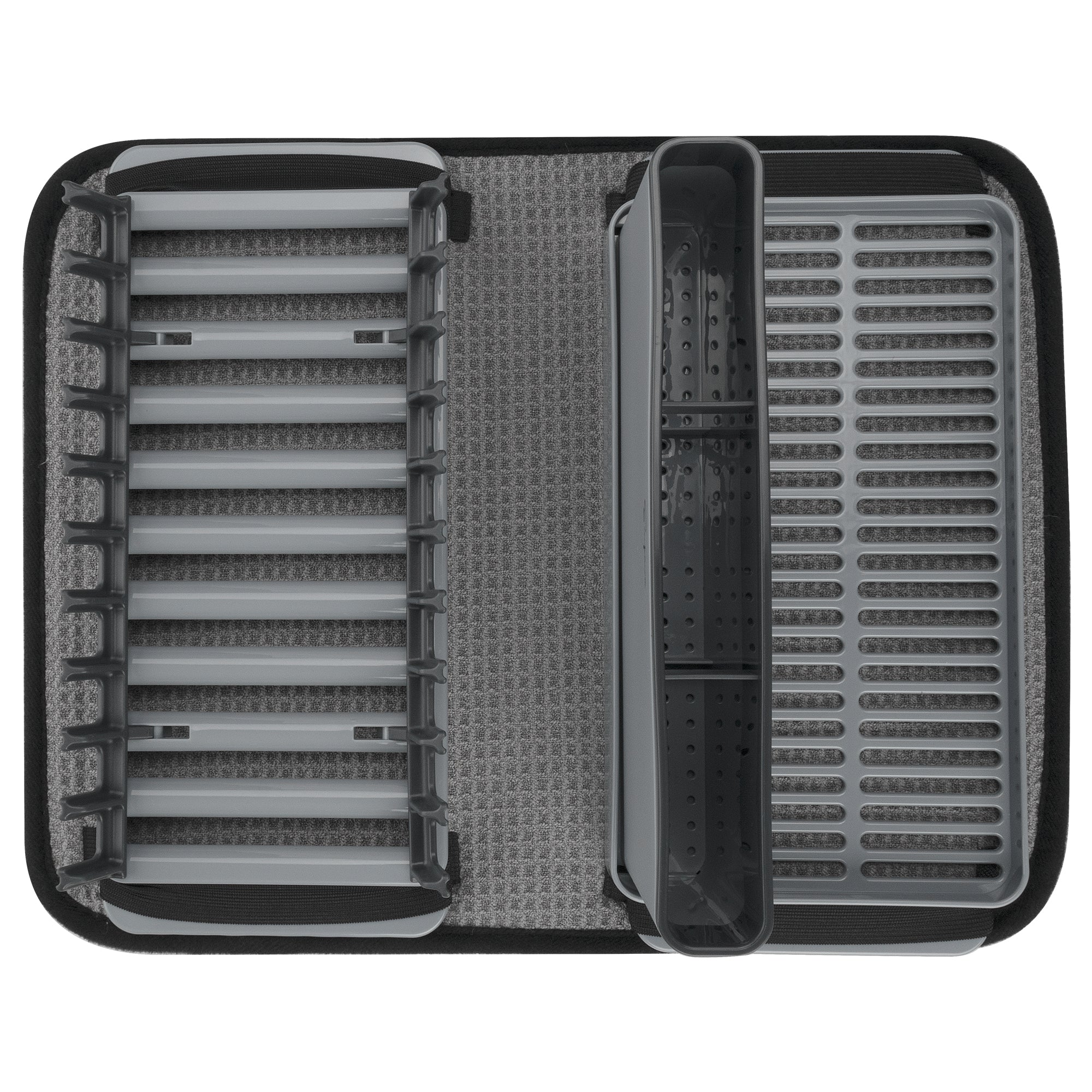 The image features the Empava PP Drying Drainers Dish Rack EMPV-GIFT09, showcasing a gray design with a flat surface that has grooves for plates on the left and a taller container on the right for utensils. The base of the dish rack is surrounded by a dark border, and it appears to have silicone or rubber material underneath.