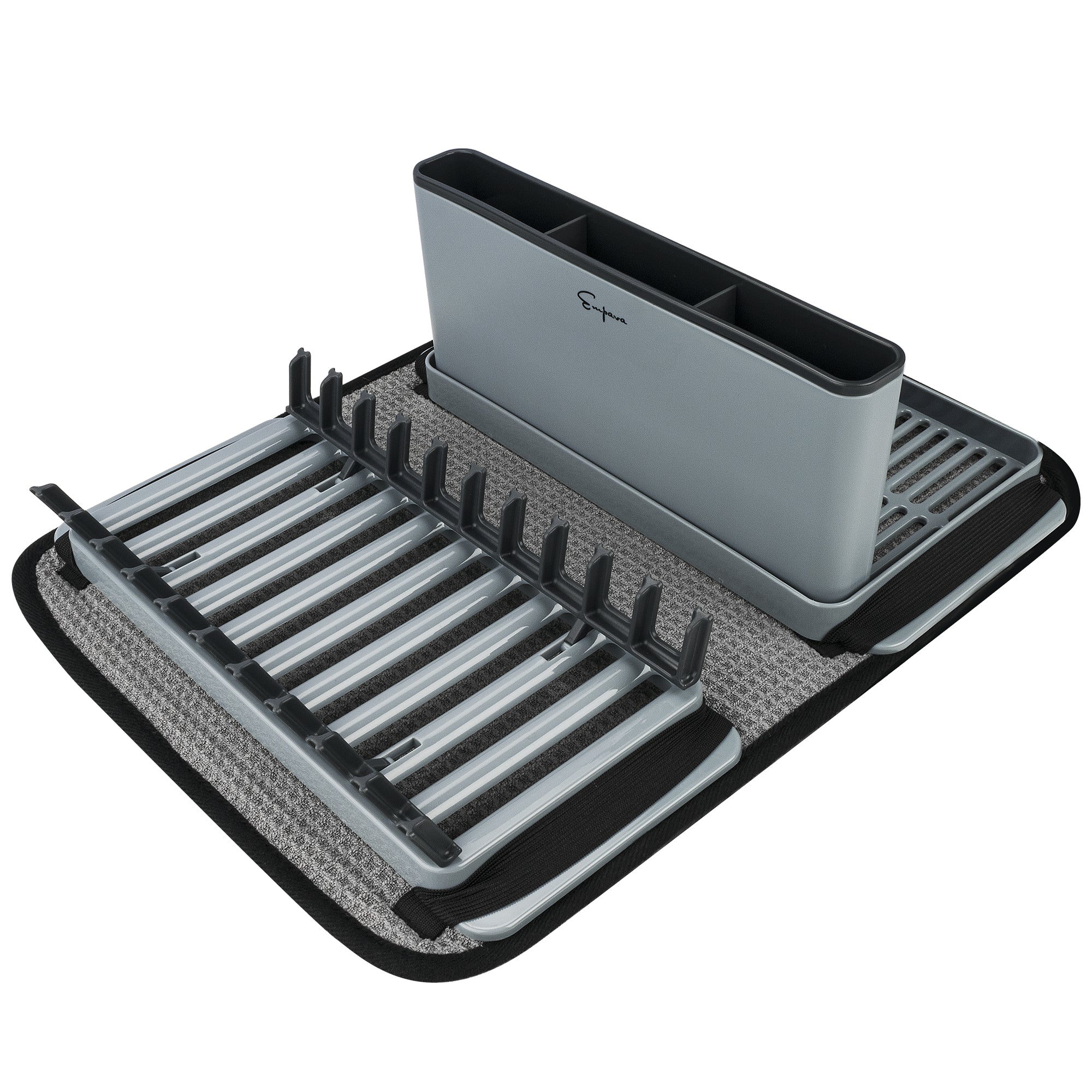 The Empava PP Drying Drainers Dish Rack EMPV-GIFT09 is a gray, multi-slot expandable dish rack that comes with a black mat underneath. It features slots for plates and utensils, along with a separate divided utensil holder, both constructed from gray plastic. The mat has a textured surface with black edges.