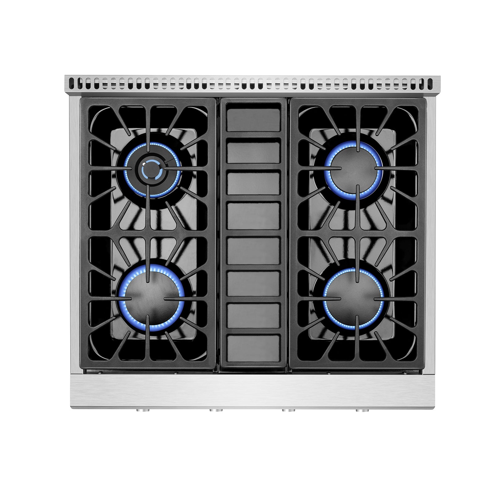 The Empava Pro-style 30 in. Slide-in Gas Cooktop features four powerful LPG burners, each emitting a blue flame. The burners are symmetrically arranged with two on the left and two on the right. Sturdy black grates cover each burner, and a central control panel is situated between them.