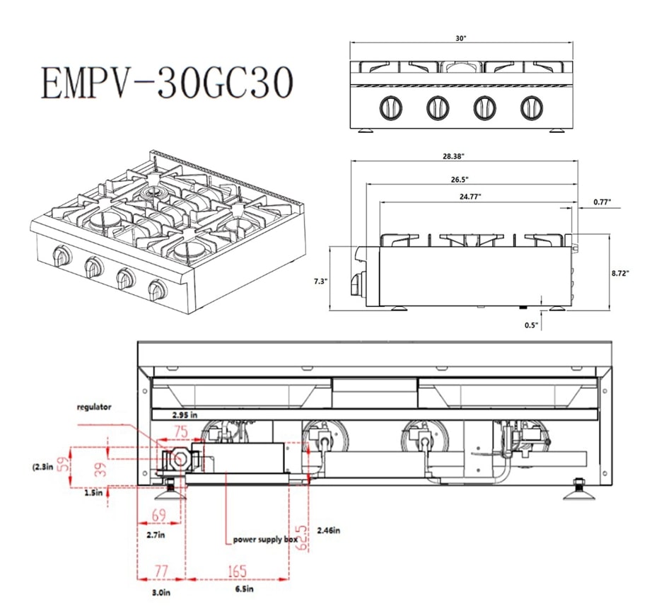 Technical diagram of the Empava Pro-style 30 in. Slide-in Gas Cooktop model EMPV-30GC30. The image displays various views: top, side, rear, and bottom, along with detailed measurements of each dimension, placement of burners and control knobs, gas inlets for natural gas (NG) and liquid propane gas (LPG) energy sources, and other mechanical components.