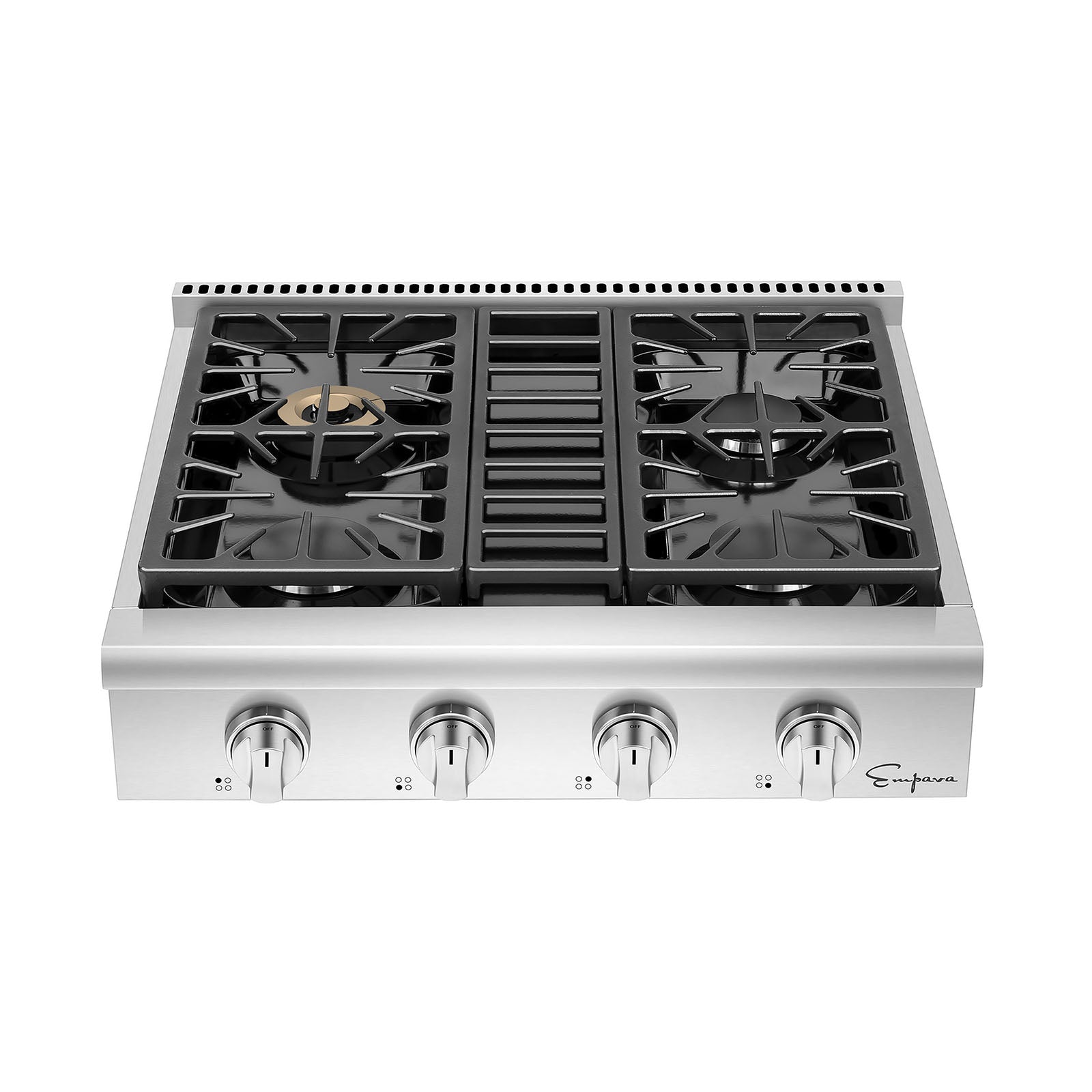 The Empava Pro-style 30 in. Slide-in Gas Cooktop features a stainless steel design with four burners, complemented by black grates and front-facing control knobs. One burner is accented with a gold color, and the brand signature "Empava" is prominently displayed on the bottom right corner. It is compatible with both NG (natural gas) and LPG (liquefied petroleum gas) energy sources.