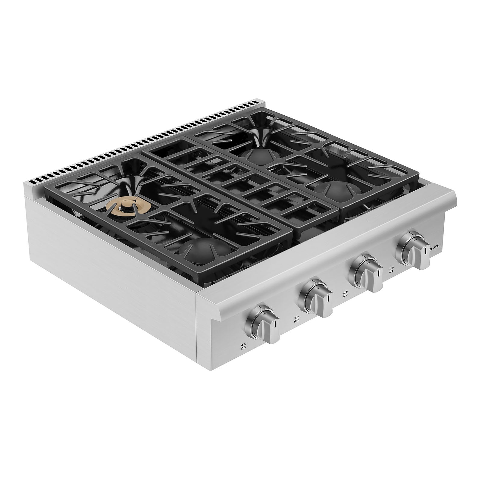 The Empava Pro-style 30 in. Slide-in Gas Cooktop is shown. It has a sleek stainless steel design with black grates over each of its four burners and four control knobs at the front part of the cooktop. The left-front burner includes an additional brass ring for enhanced cooking performance, suitable for use with both LPG and NG energy sources.