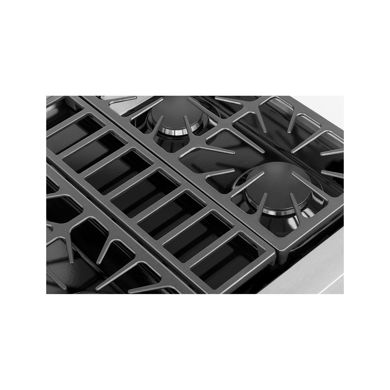 Close-up of the Empava Pro-style 30 in. Slide-in Gas Cooktop, featuring a stainless steel surface with modern, sleek black burners and sturdy grates. The image showcases two large burners on the right side and a portion of an additional burner on the left. Suitable for both LPG and NG energy sources, this cooktop appears clean and contemporary in design.