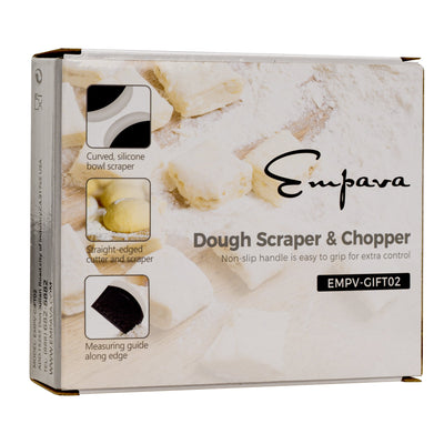 A white box labeled "Empava Pro Pastry Dough Scraper & Chopper EMPV-GIFT02." The box features images of dough being cut and highlights the tools inside: a curved silicone bowl scraper, a straight-edged cutter and scraper, and a measuring guide along the edge.