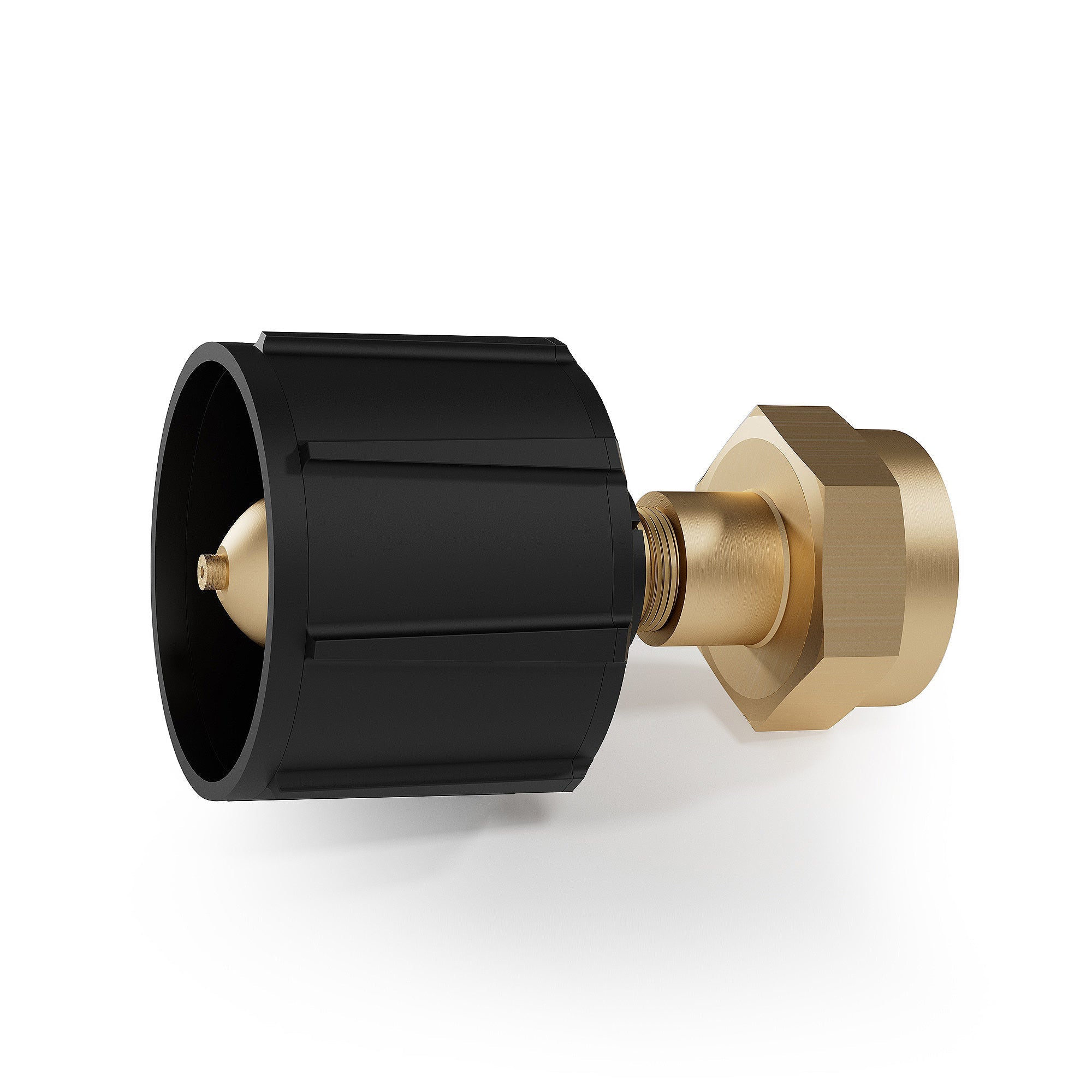 The Empava Regulator Valve 1LB Tank Gas Propane Refill Adapter Outdoor BBQ Kit (model EMPV-50EH46) features a metal coupling adapter with a black ribbed cylindrical section on one end and a brass hexagonal nut on the other, ideal for connecting gas or liquid lines.