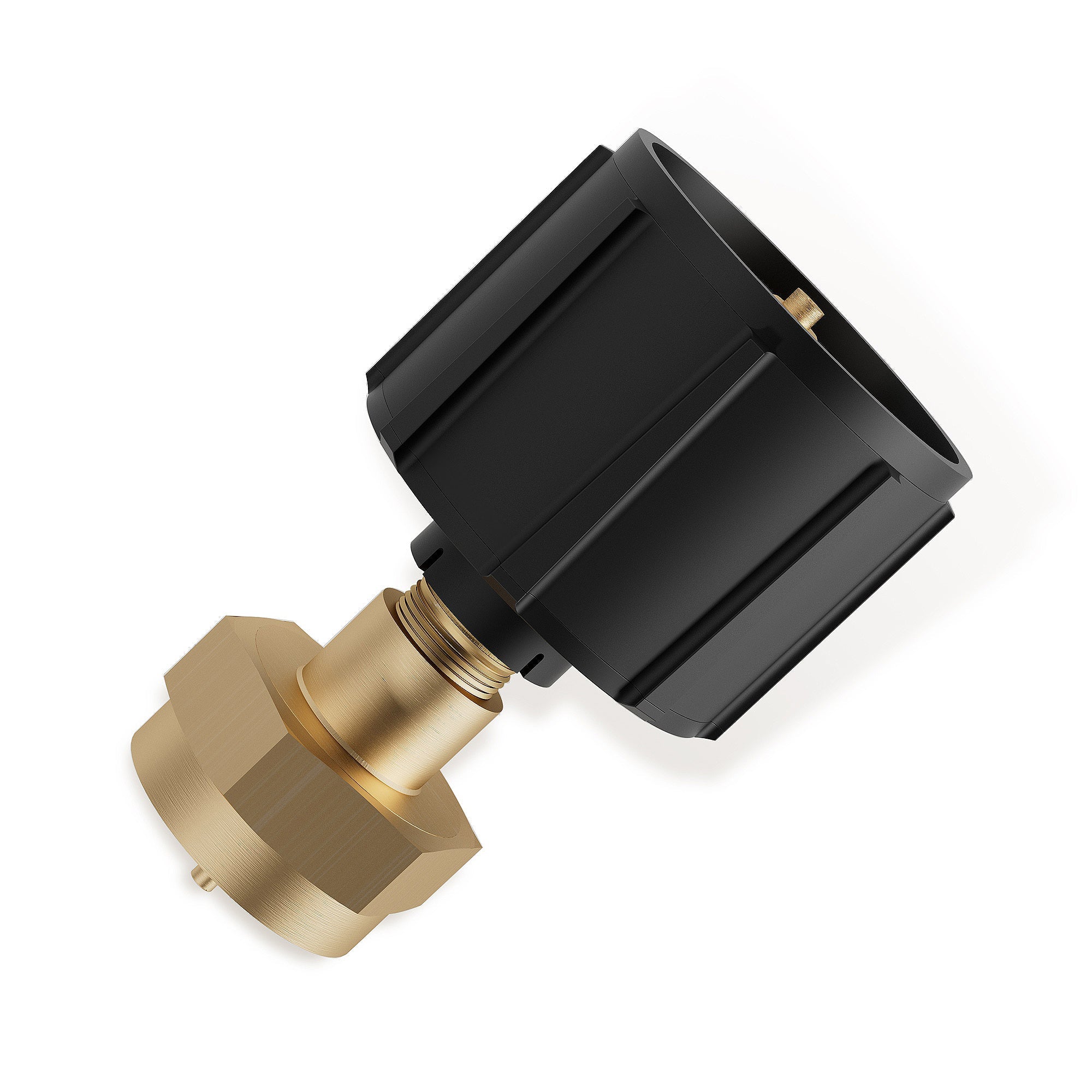 Presenting the Empava Regulator Valve 1LB Tank Gas Propane Refill Adapter Outdoor BBQ Kit, which fits the EMPV-50EH46. This component features a ridged black plastic top paired with a brass bottom, designed to connect two parts effectively, ideal for use in plumbing or gas line applications. The product is showcased on a white background.