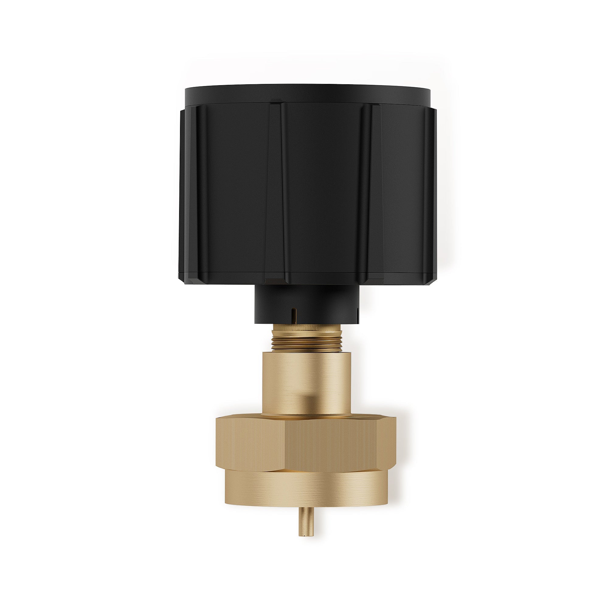 A close-up view of the Empava Regulator Valve 1LB Tank Gas Propane Refill Adapter Outdoor BBQ Kit Fits EMPV-50EH46, showcasing its brass and black-colored sensor component with a threaded connector. The top portion is black and cylindrical, while the lower portion is gold-colored and hexagonal, designed for mounting onto a surface or system. The background is white.