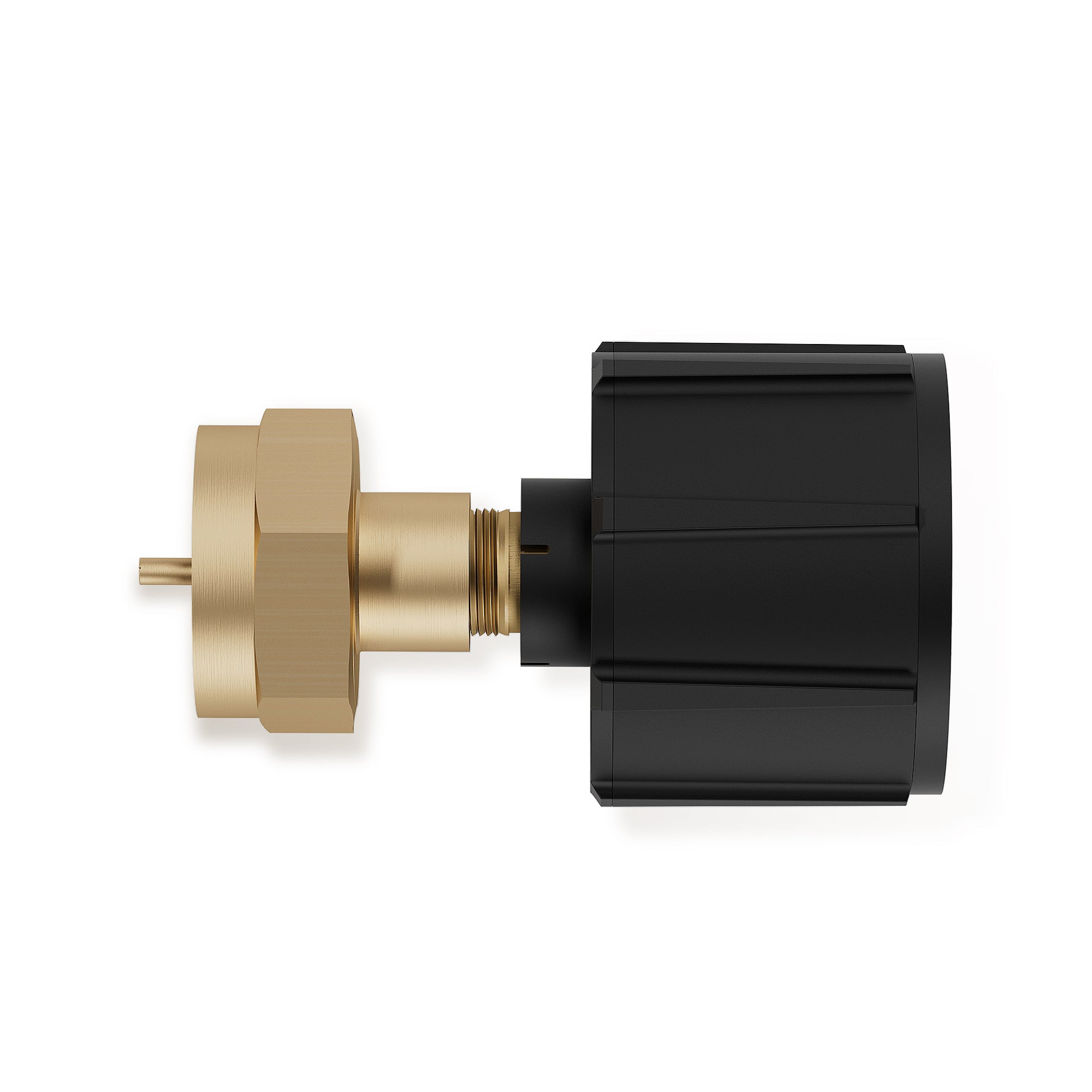 A close-up view of the Empava Regulator Valve 1LB Tank Gas Propane Refill Adapter Outdoor BBQ Kit (model EMPV-50EH46) shows a brass connector on the left and a black, cylindrical casing on the right. The brass part features a hexagonal nut, while the black casing has a ribbed exterior. The two parts are threaded together seamlessly.