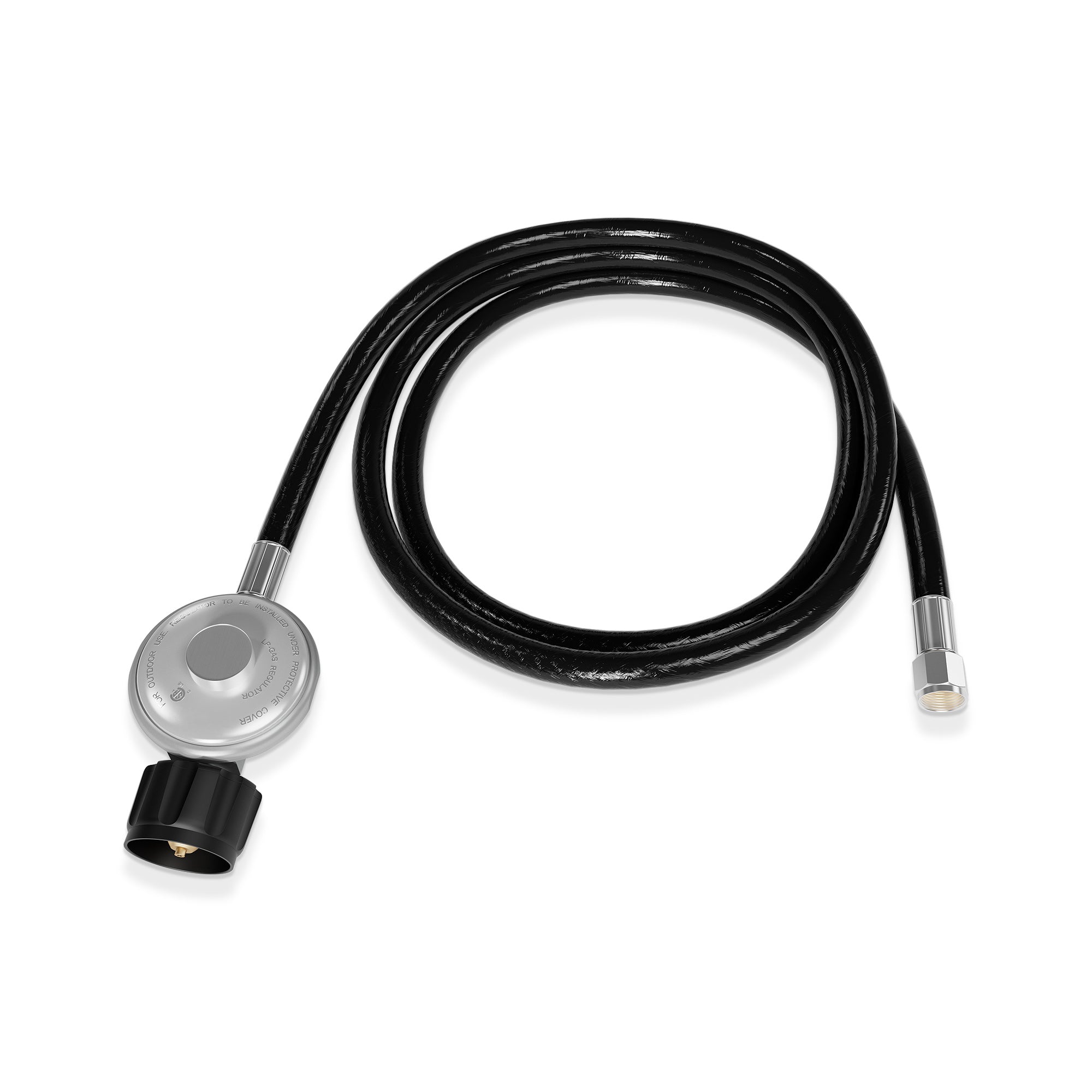 An image displays the Empava 5 Ft Regulator for Fire Pit Grill Heater-Replacement Propane Hose (model: EMPV-50EH49), featuring a black coiled hose and a silver regulator with an adjustment knob for gas flow. The other end of the hose has a metallic connector.