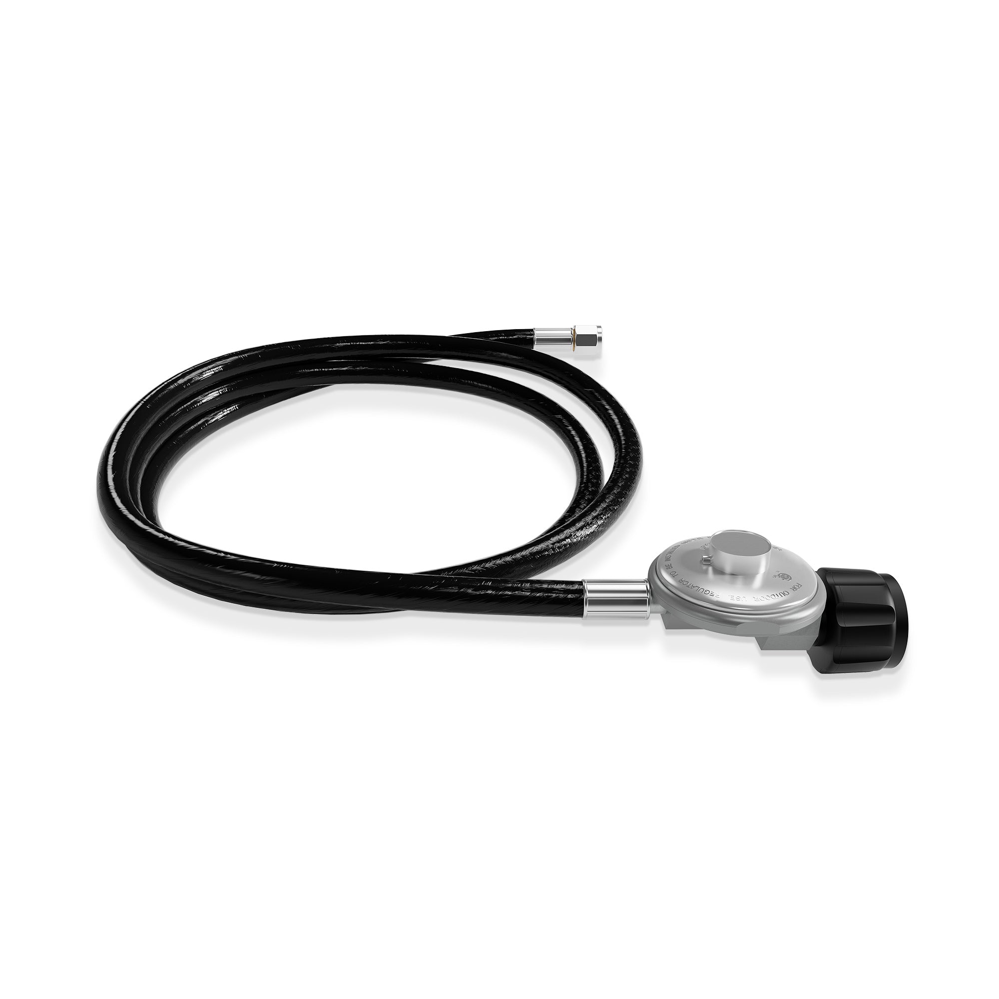 The Empava 5 Ft Regulator for Fire Pit Grill Heater – Replacement Propane Hose EMPV-50EH49 features a black hose with a metallic regulator attached, ideal for gas connections such as those for propane tanks. The regulator comes with a round knob to adjust the gas flow and includes a connector at the end of the coiled hose.