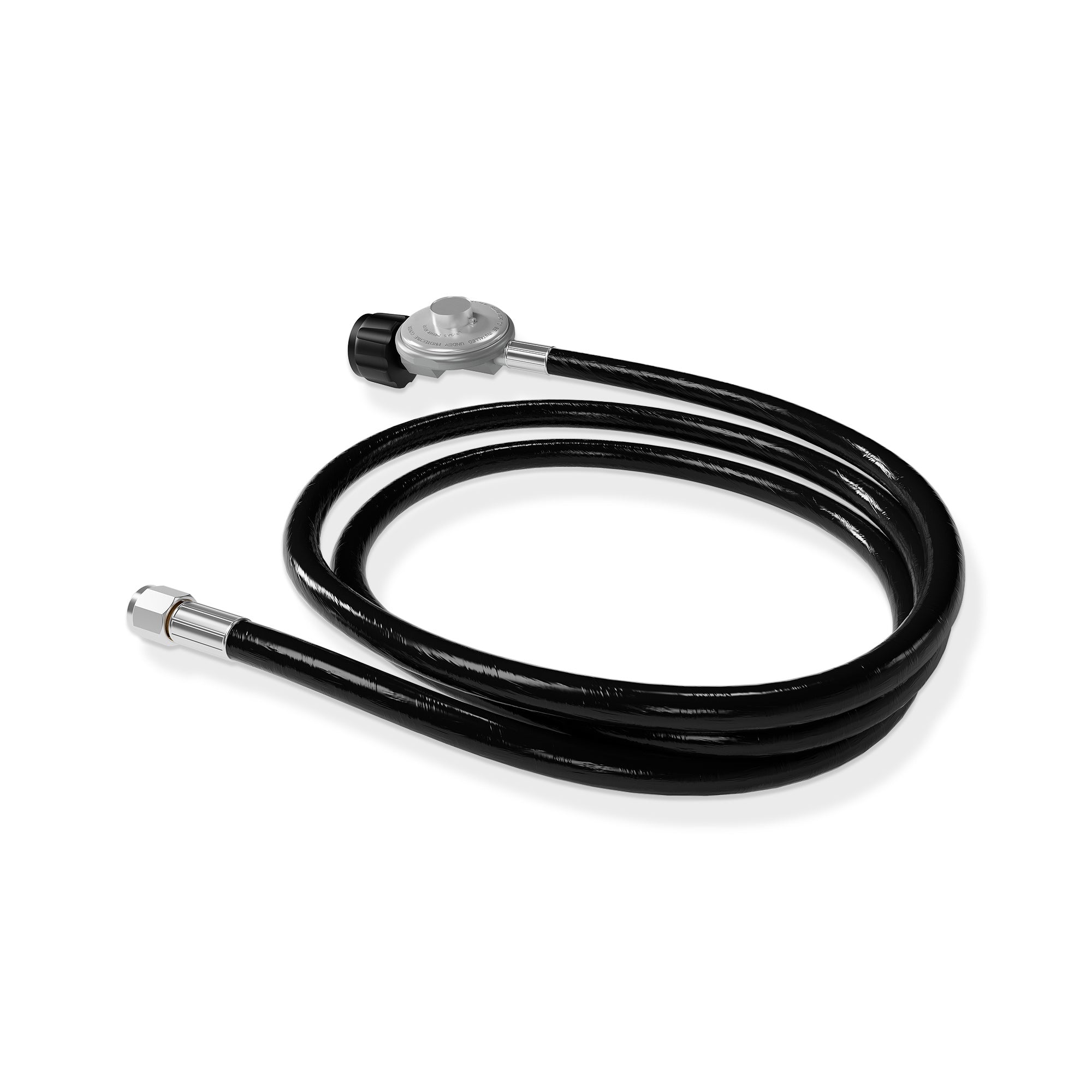 The Empava 5 Ft Regulator for Fire Pit Grill Heater-Replacement Propane Hose EMPV-50EH49 is a coiled black hose designed for use with gas appliances, featuring a regulator with a round silver adjustment knob and a black attachment component on one end and a connector on the other. The hose is neatly arranged in a circular pattern.