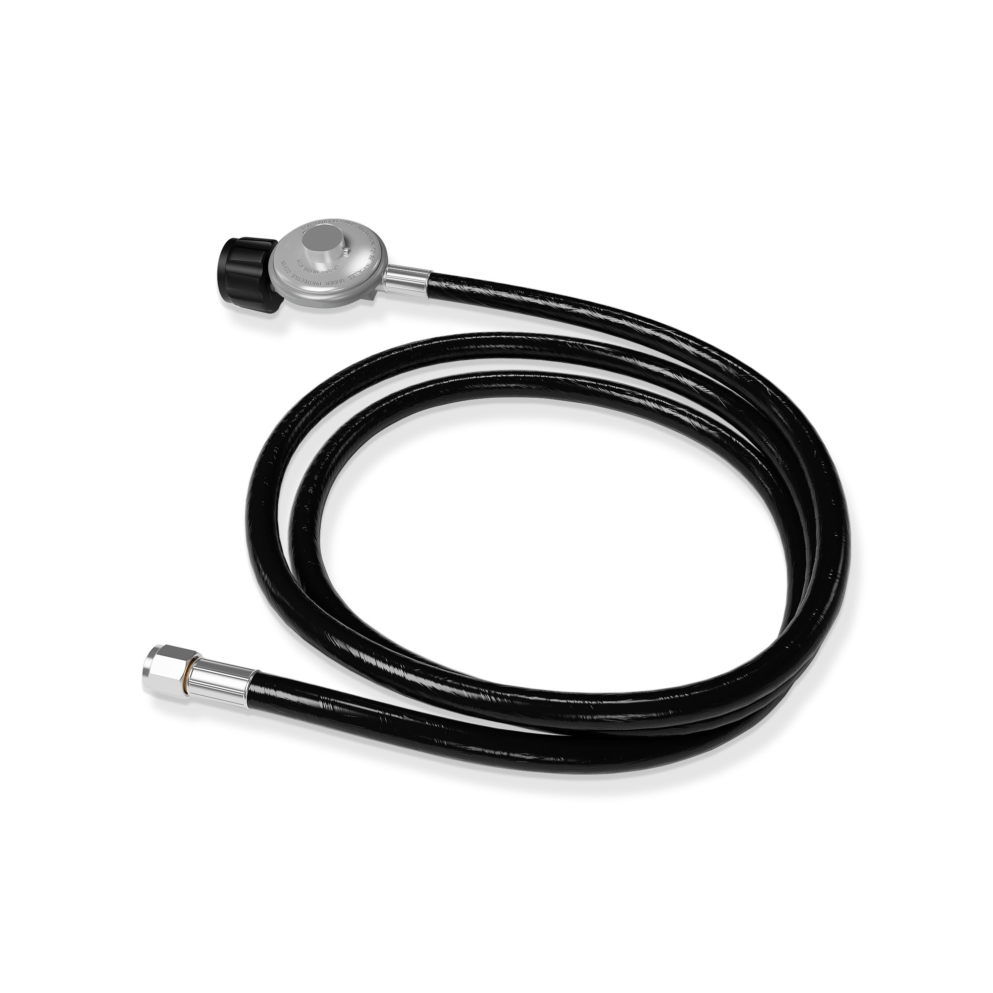 Introducing the Empava 5 Ft Regulator for Fire Pit Grill Heater-Replacement Propane Hose EMPV-50EH49—a coiled, black propane hose that features a silver regulator on one end and a metal connector on the other. Designed for connecting propane tanks to gas appliances, this hose is neatly arranged on a white background.