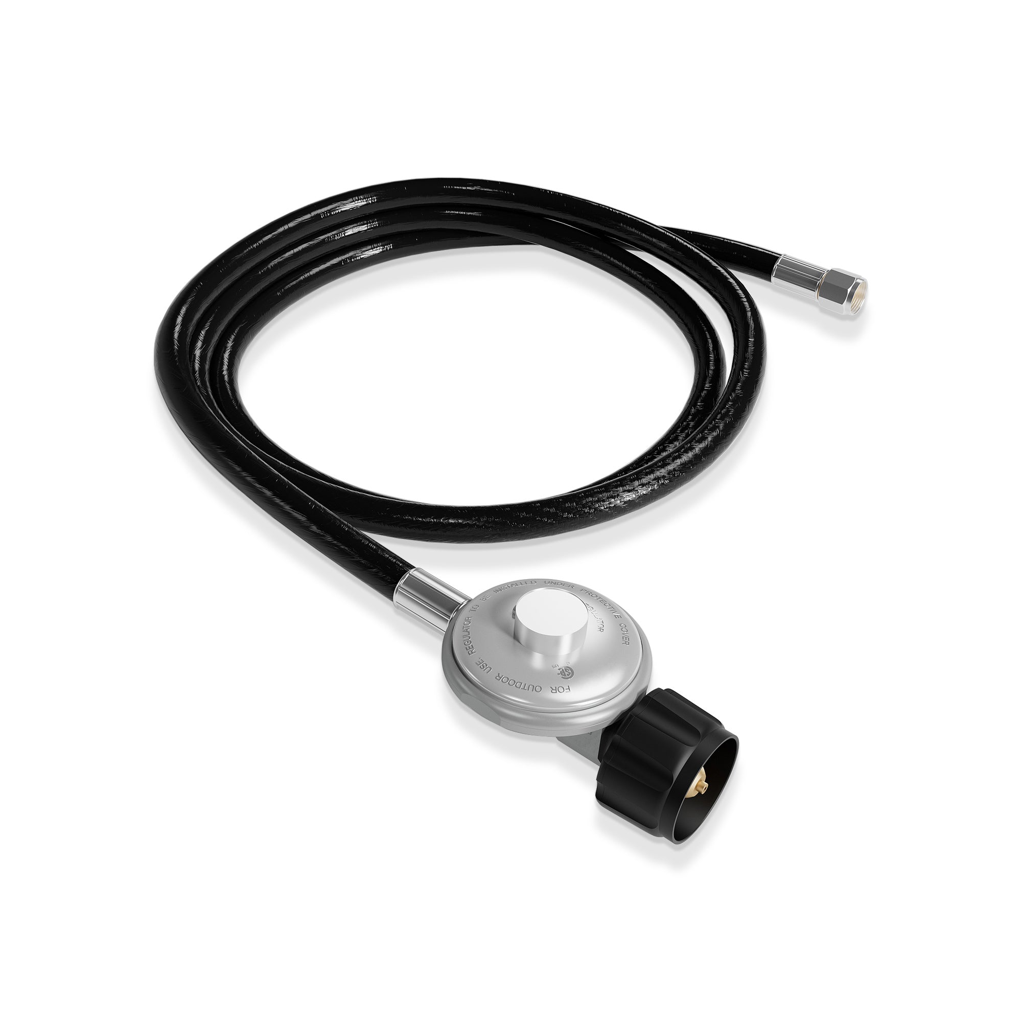 The Empava 5 Ft Regulator for Fire Pit Grill Heater-Replacement Propane Hose EMPV-50EH49 is a neatly coiled black hose featuring a pressure regulator with a round, marked dial and a brass fitting designed to connect to a propane tank or similar equipment.