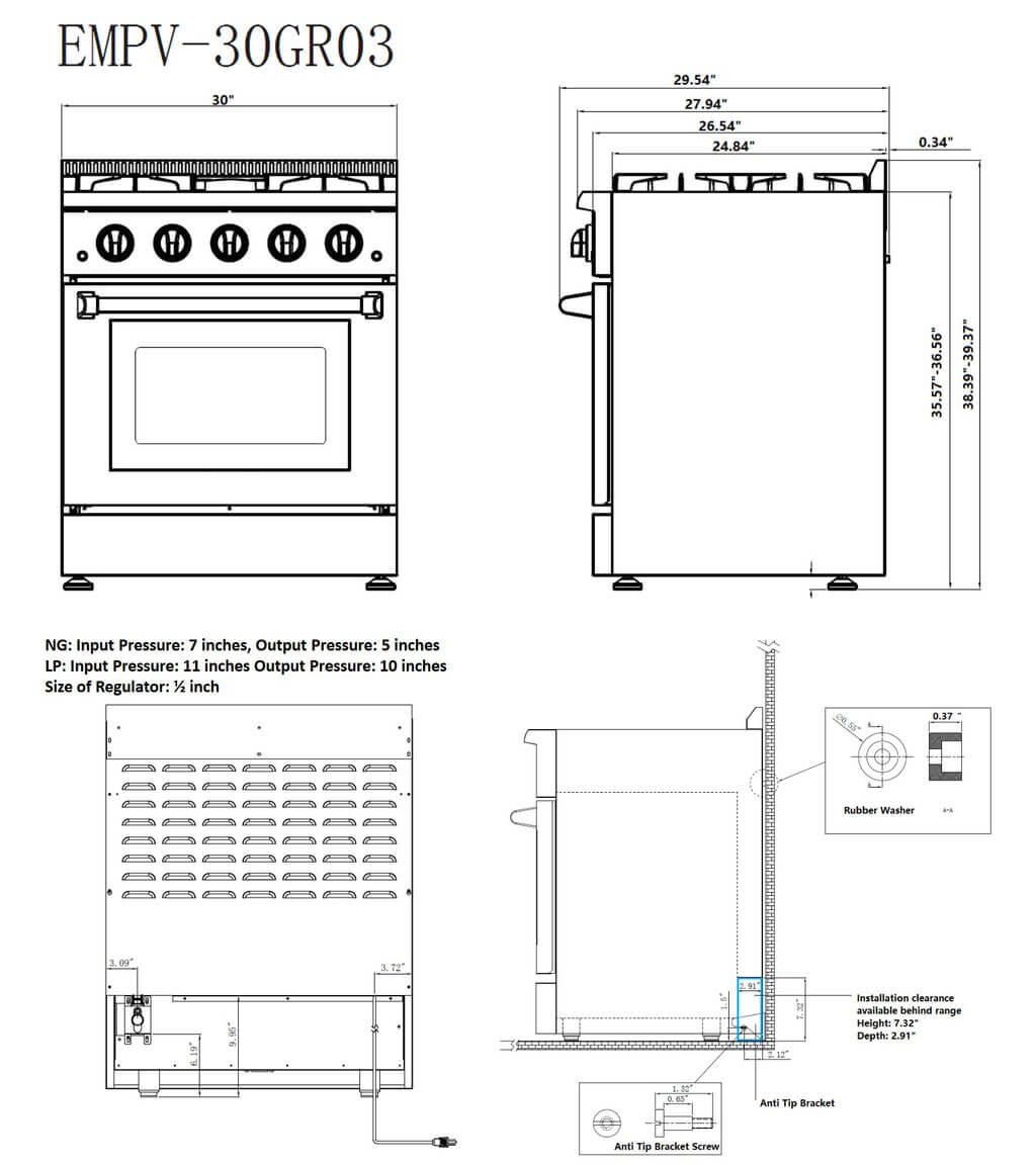 Technical diagrams and measurements for the Empava 30 Inch Freestanding Range Gas Cooktop and Oven. The diagrams include front and side views, detailed parts (like the rubber washer and anti-tip bracket), and specific dimensions. Text details input/output pressure and regulator size for NG and LP.