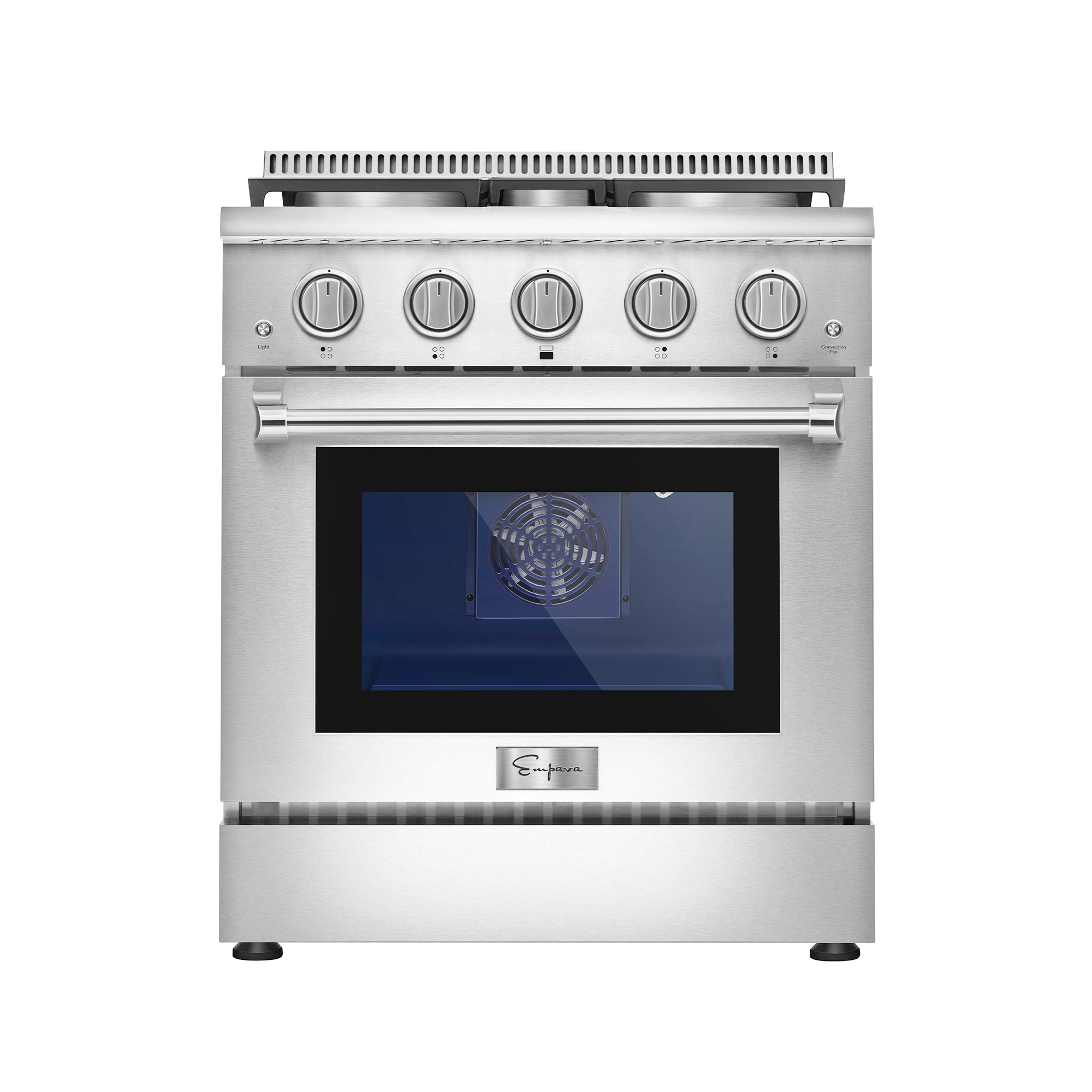 The Empava 30 Inch Freestanding Range Gas Cooktop And Oven features a sleek stainless steel design with four knobs and four burners on the cooktop. The oven door has a large window, providing a clear view of the interior, and a fan at the back suggests it includes a convection function. A label is visible below the window.