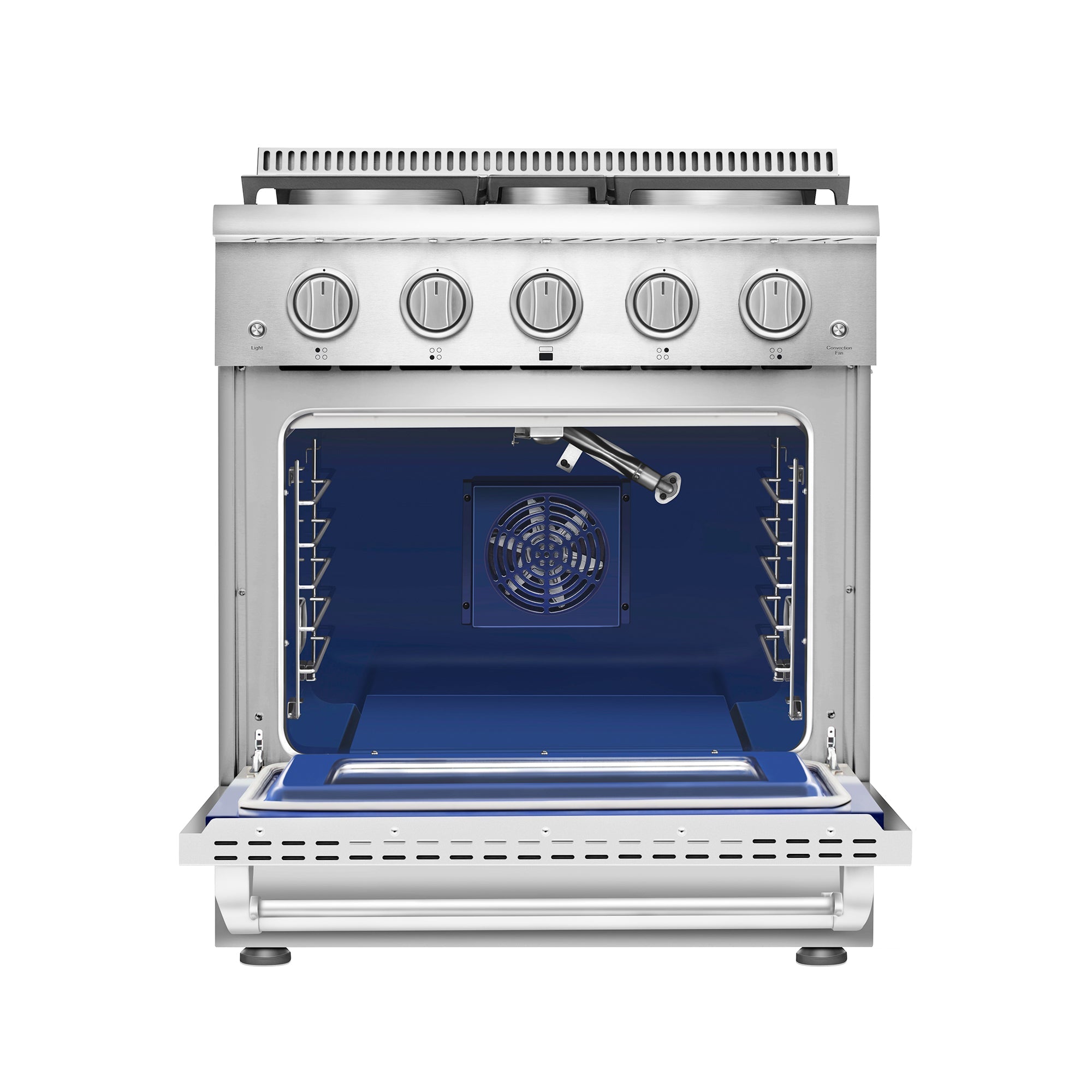 An Empava 30 Inch Freestanding Range Gas Cooktop and Oven stands with its door open, revealing a striking blue interior. The top boasts four metallic knobs and a stove surface with burners. Inside, multiple racks and a back-mounted fan highlight its convection feature.