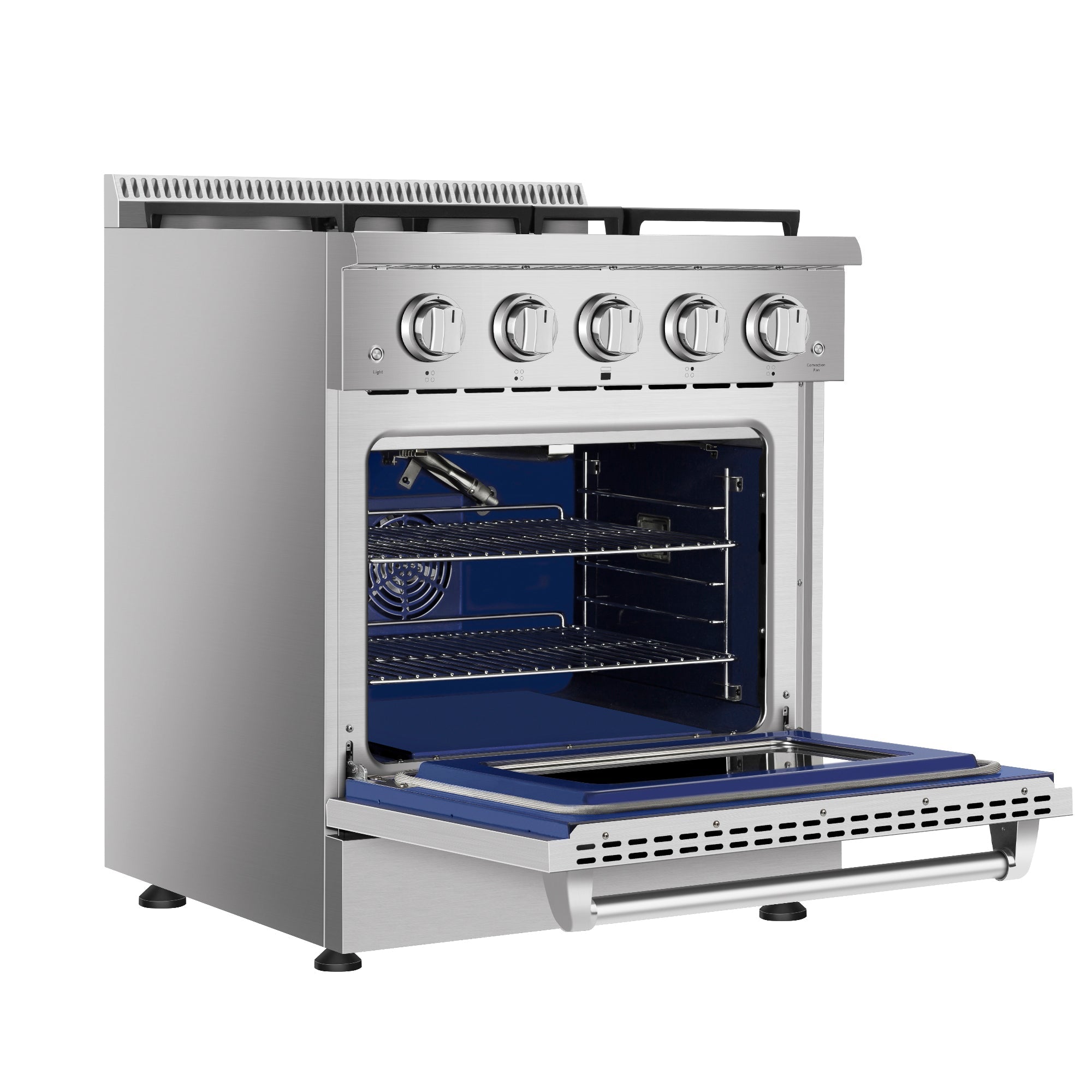 The Empava 30 Inch Freestanding Range Gas Cooktop And Oven is displayed with its stainless steel door open, revealing a vibrant blue interior with racks positioned at different heights. The oven features four control knobs and is set against a white background, emphasizing its sleek and modern design.