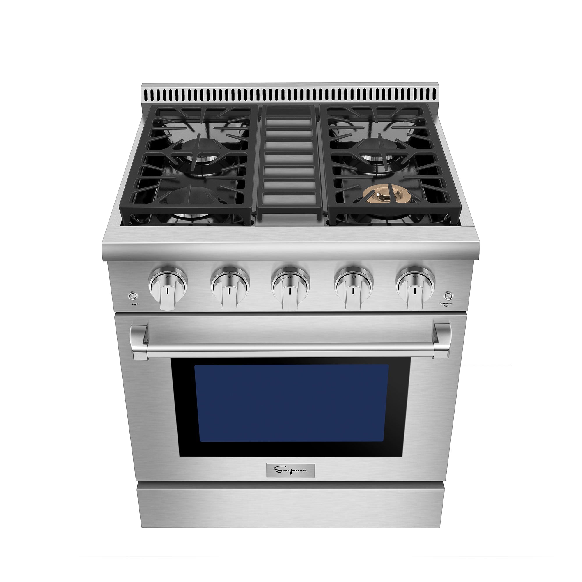 The Empava 30 Inch Freestanding Range Gas Cooktop And Oven is a sleek and modern stainless steel appliance that features five burners and black grates. It boasts six control knobs on the front panel above the oven door, along with a large black window, perfectly balancing style and functionality.