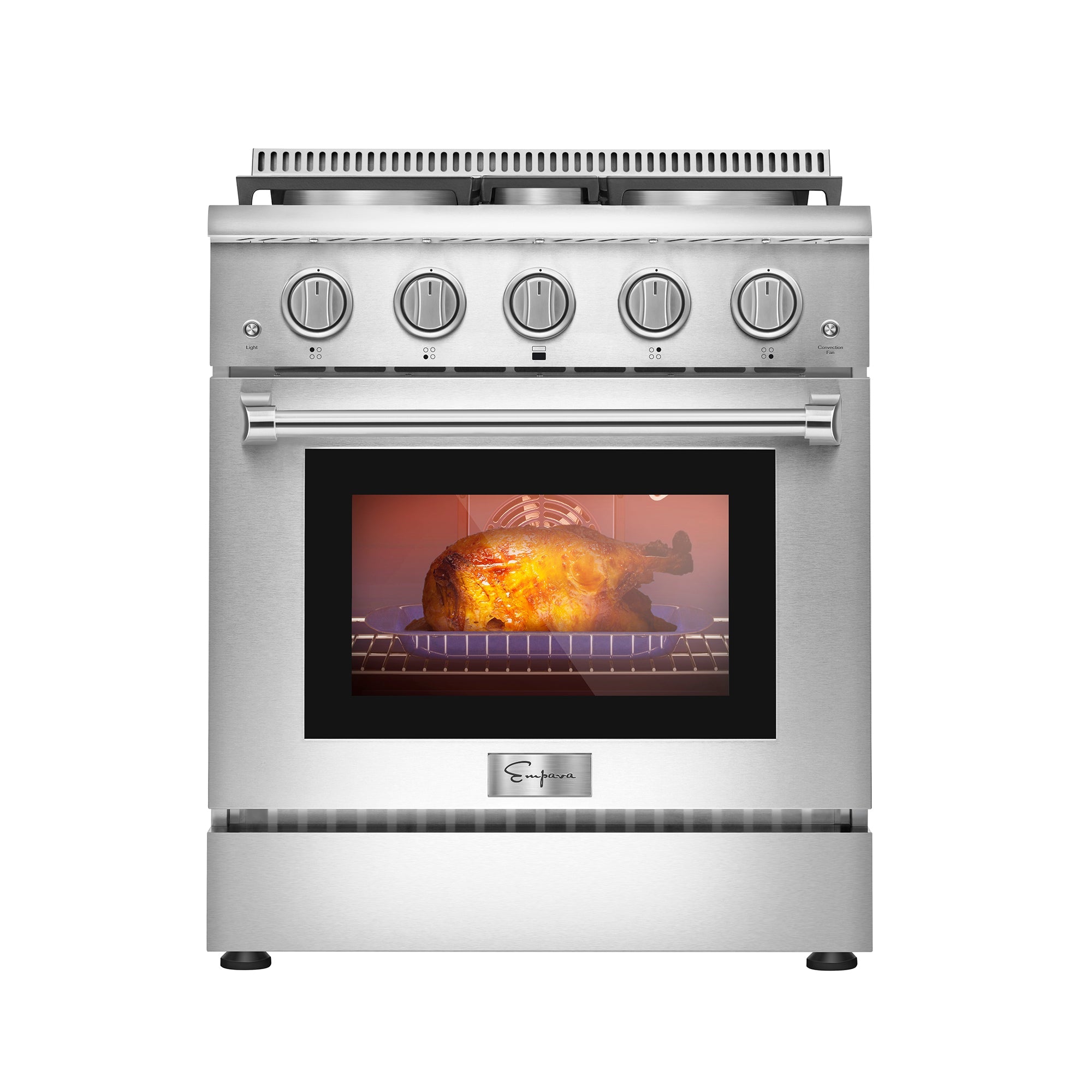 As an Empava 30 Inch Freestanding Range Gas Cooktop And Oven, this stainless steel appliance boasts a sleek design with professional-grade knobs and an illuminated interior. The front panel features four dials and a window showcasing a perfectly roasted chicken inside.