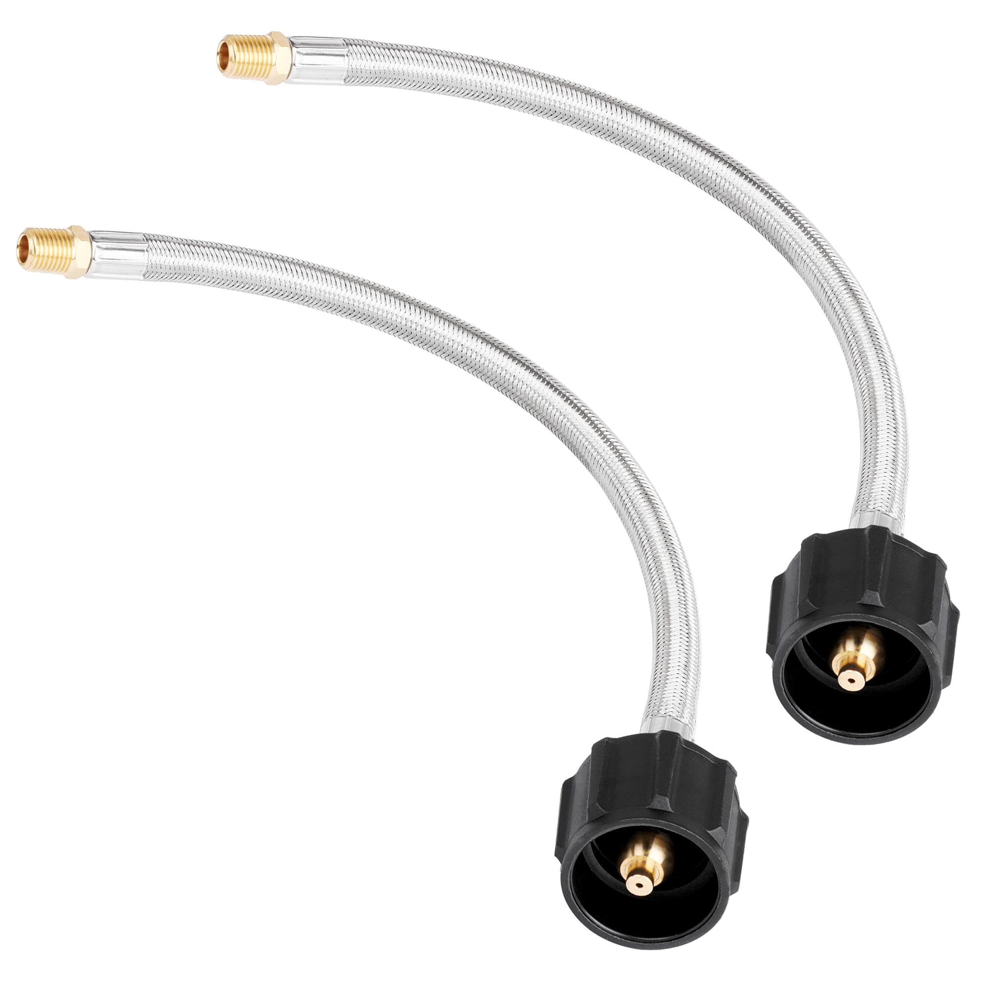 The Empava 2pcs 1/4" NPT Stainless Braided Hose EMPV-12EH42 features two slightly curved stainless steel hoses with brass connectors and black plastic fittings on one end, positioned parallel to each other against a white background.